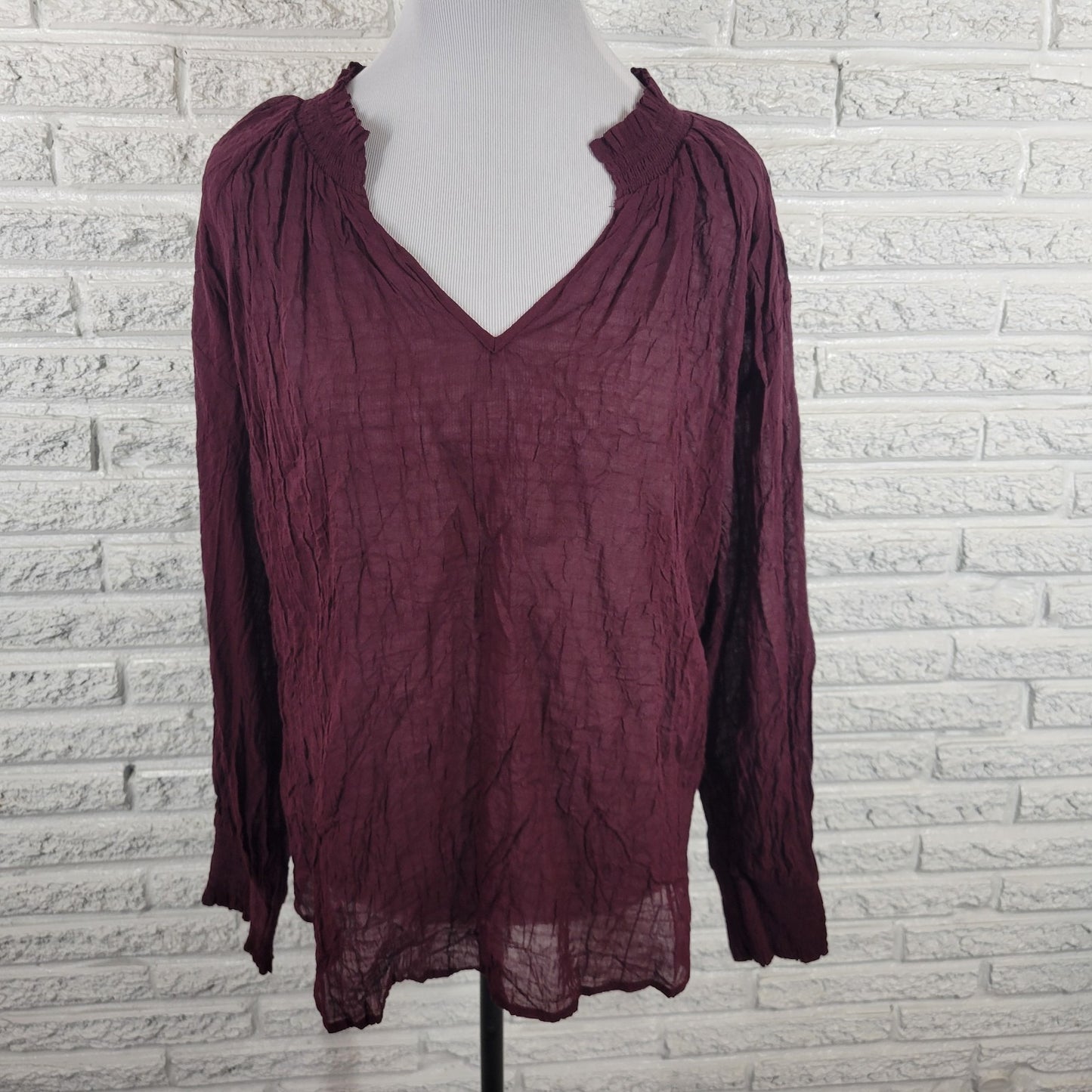 Ana Womens Top 1X Plus Long Sleeve Burgundy Frilly Neckline Sheer Lightweight