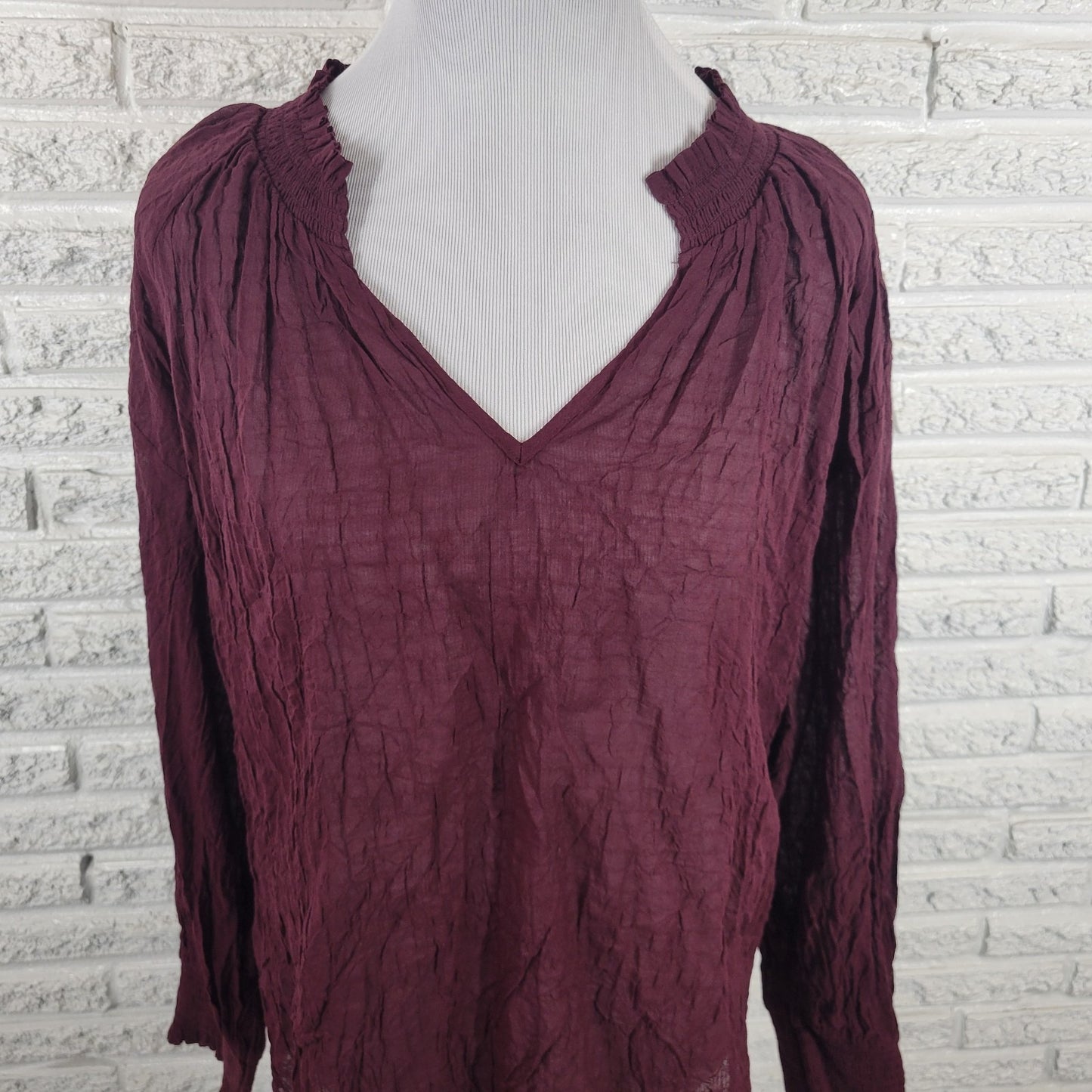 Ana Womens Top 1X Plus Long Sleeve Burgundy Frilly Neckline Sheer Lightweight