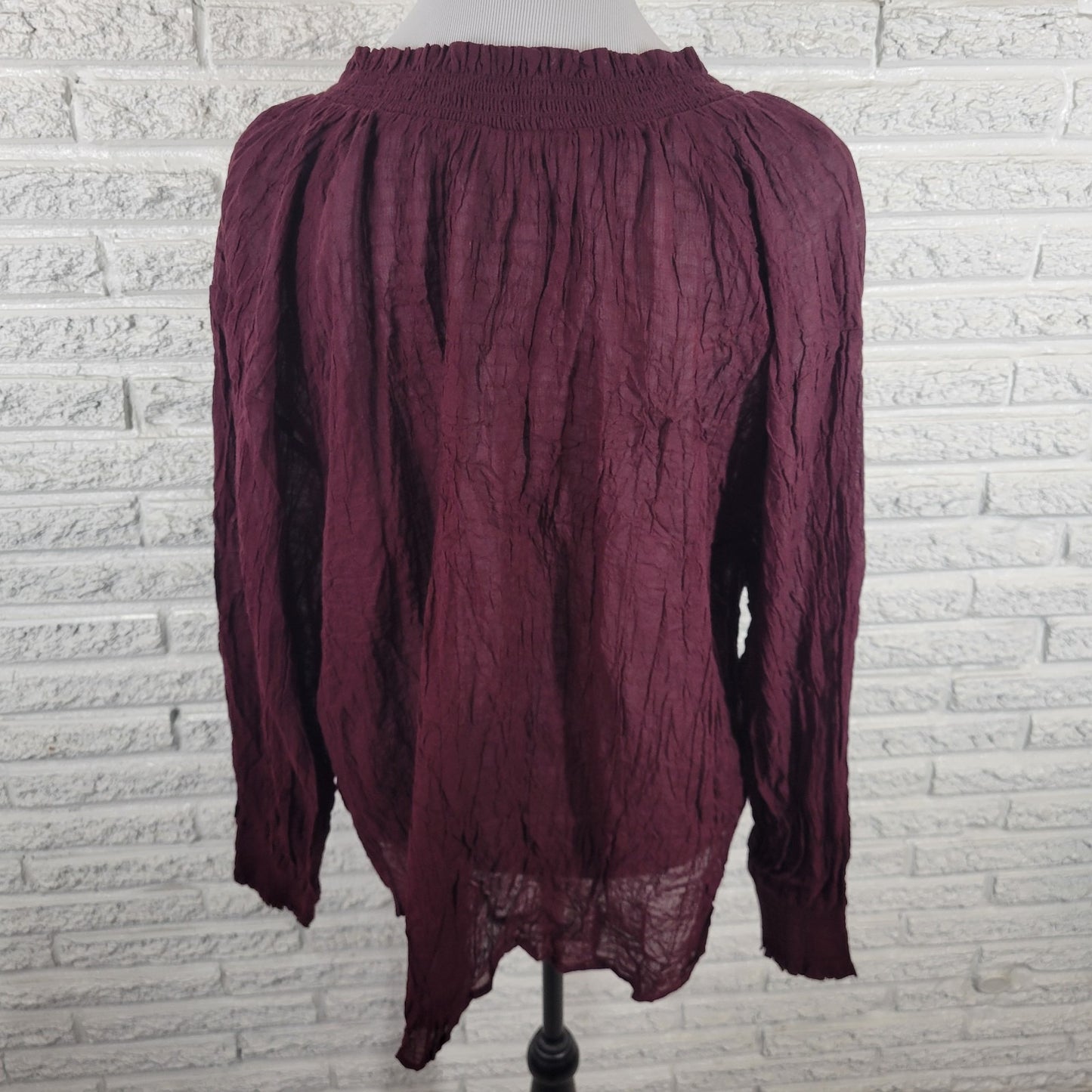 Ana Womens Top 1X Plus Long Sleeve Burgundy Frilly Neckline Sheer Lightweight
