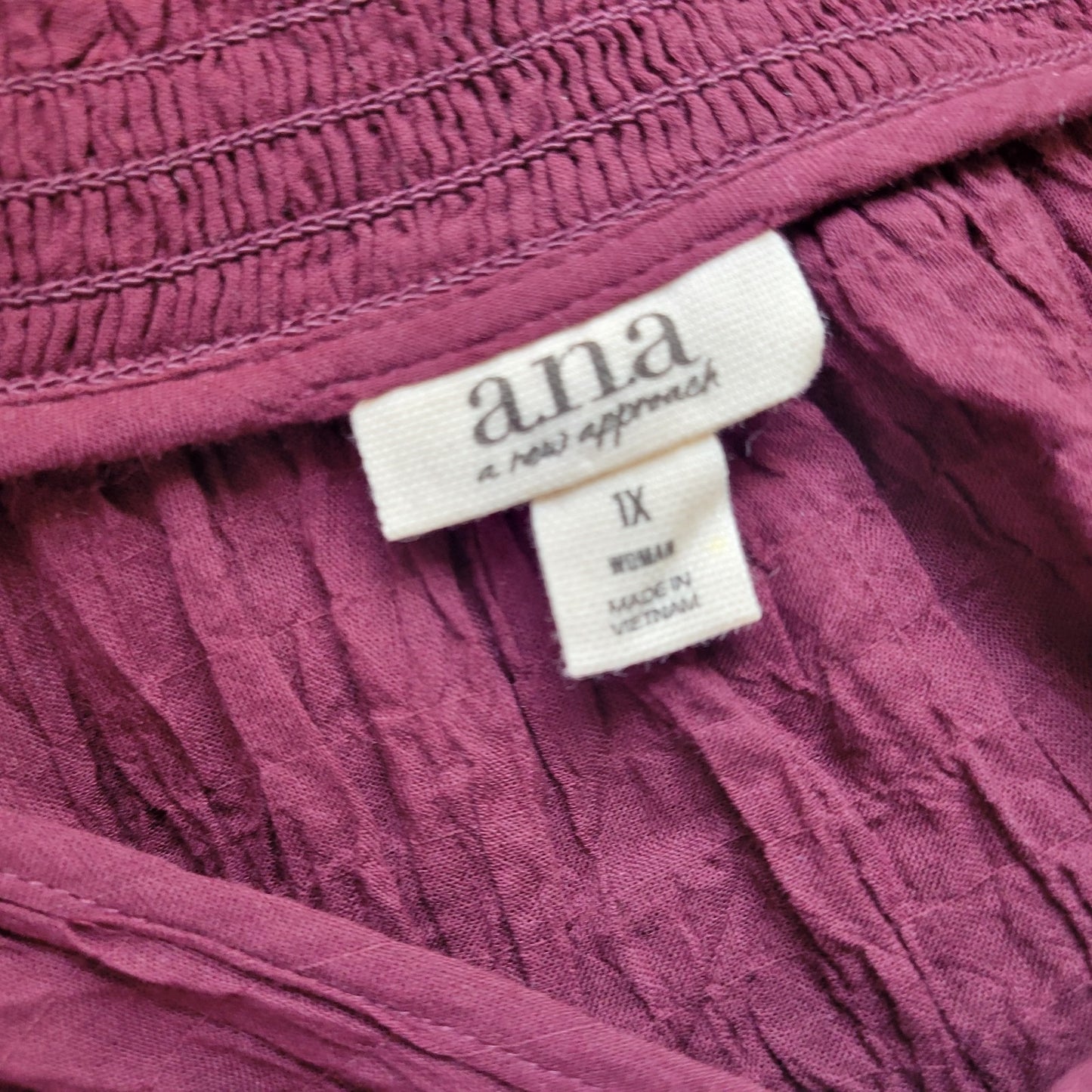 Ana Womens Top 1X Plus Long Sleeve Burgundy Frilly Neckline Sheer Lightweight