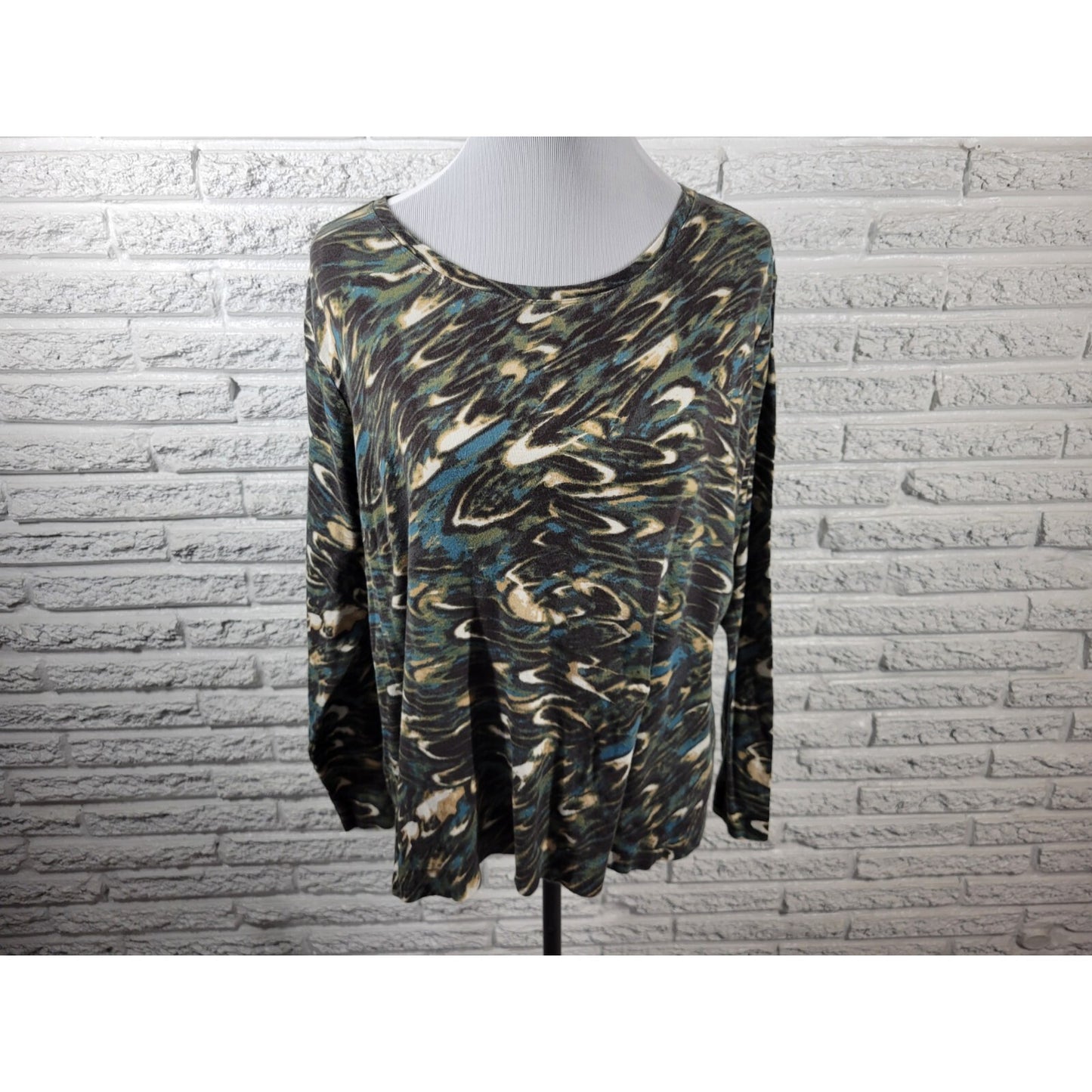 Westbound Womens Top 2X Plus Long Sleeve Green Watercolor Cotton Casual