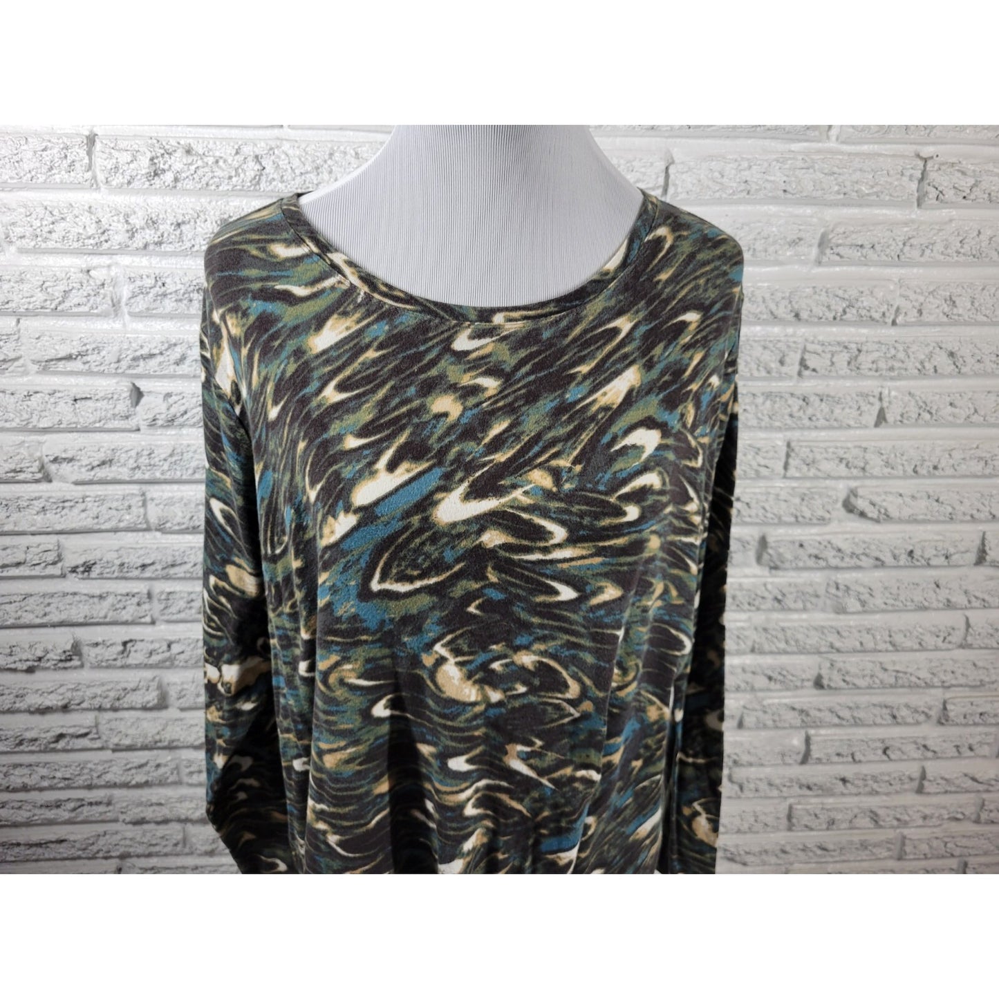 Westbound Womens Top 2X Plus Long Sleeve Green Watercolor Cotton Casual