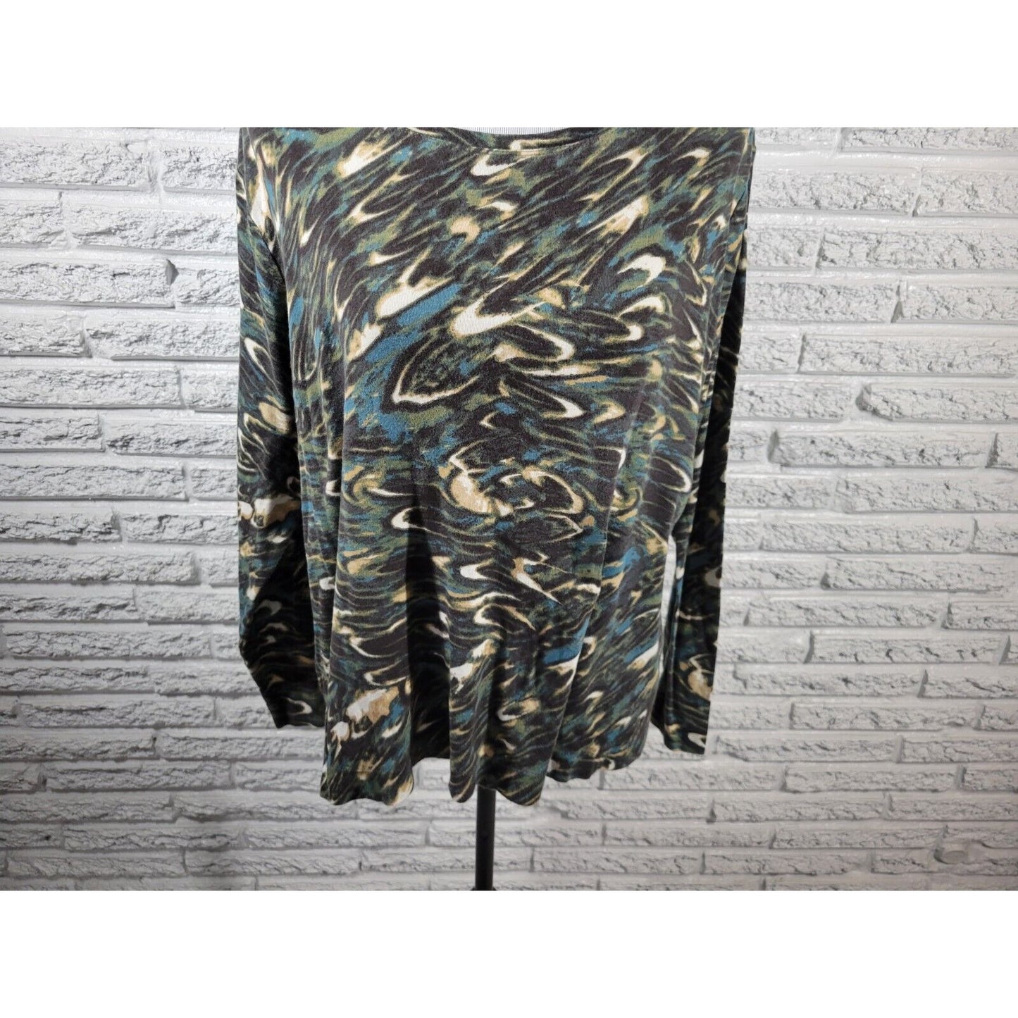 Westbound Womens Top 2X Plus Long Sleeve Green Watercolor Cotton Casual