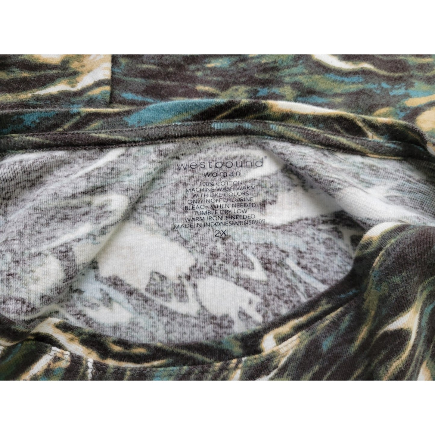 Westbound Womens Top 2X Plus Long Sleeve Green Watercolor Cotton Casual