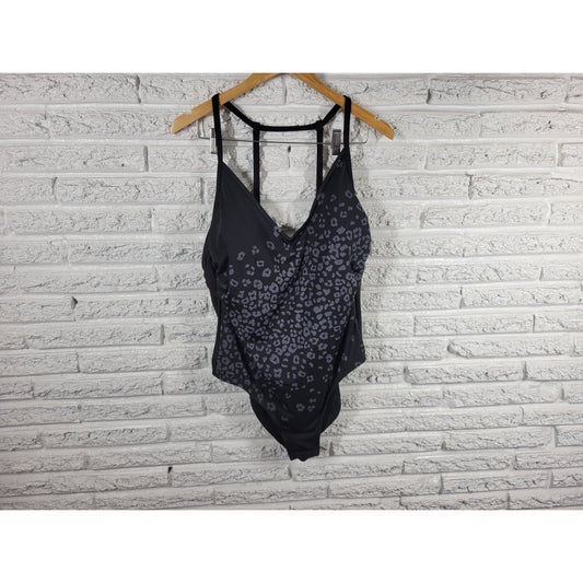 Kona Sol Womens Swimsuit 20W Plus One Piece Black Animal Print Spaghetti Bra