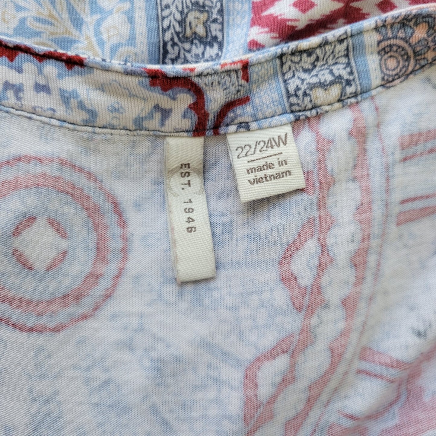 Est 1946 Women Top 22W 24W Plus Blue Red Paisley Geometric Asymmetric Tied Hem