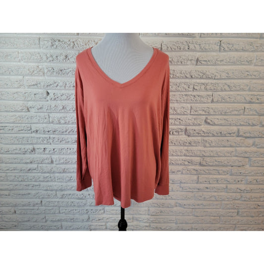 Terra Sky Womens Top 3X Plus Tee Long Sleeve Orange Pullover VNeck Basic Casual