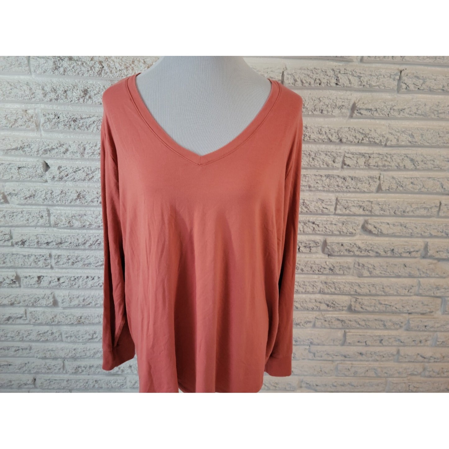 Terra Sky Womens Top 3X Plus Tee Long Sleeve Orange Pullover VNeck Basic Casual