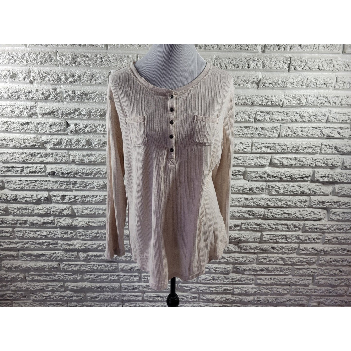 Chaps Womens Top 2X Plus Knit Long Sleeve Pockets Beige Cotton Quarter Button