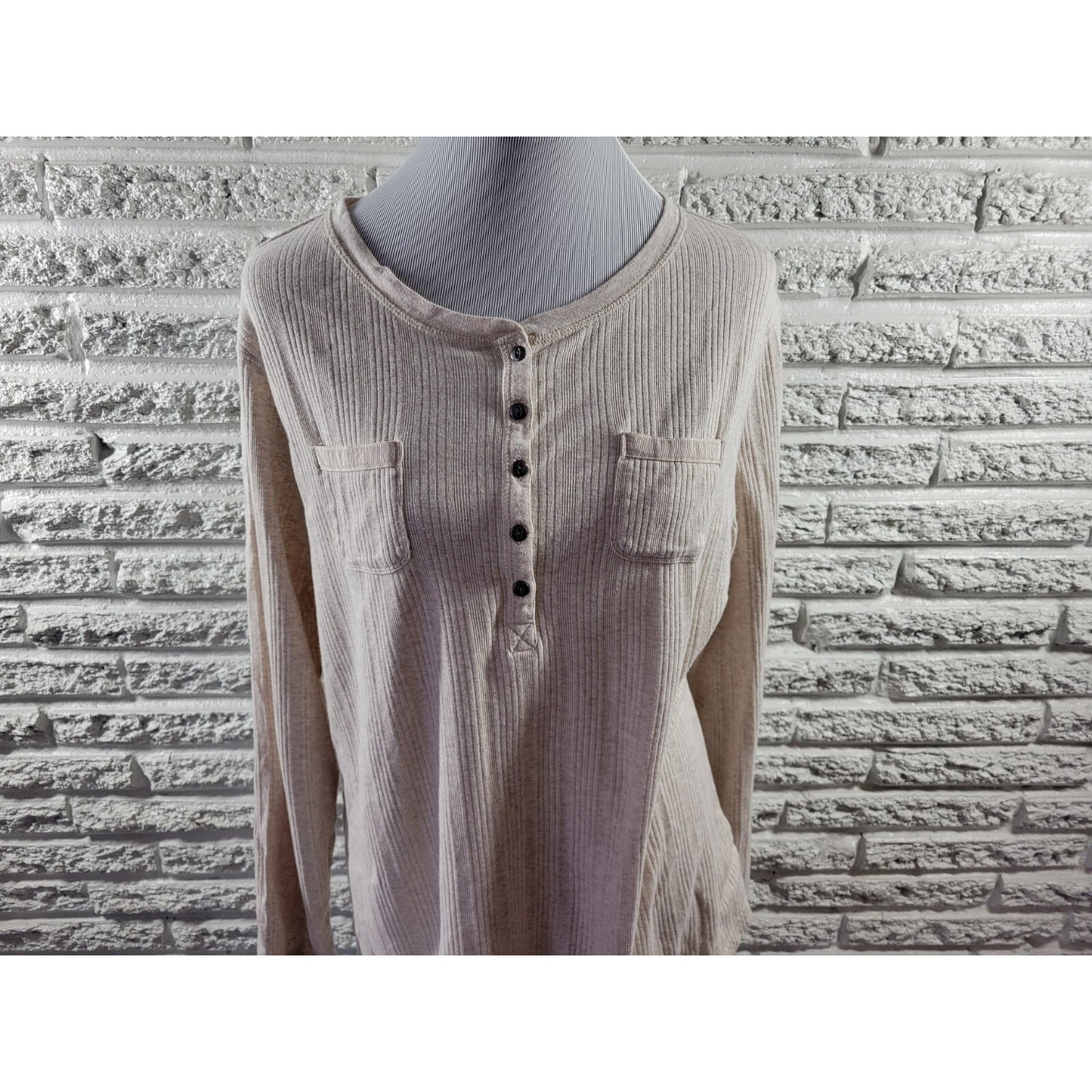 Chaps Womens Top 2X Plus Knit Long Sleeve Pockets Beige Cotton Quarter Button