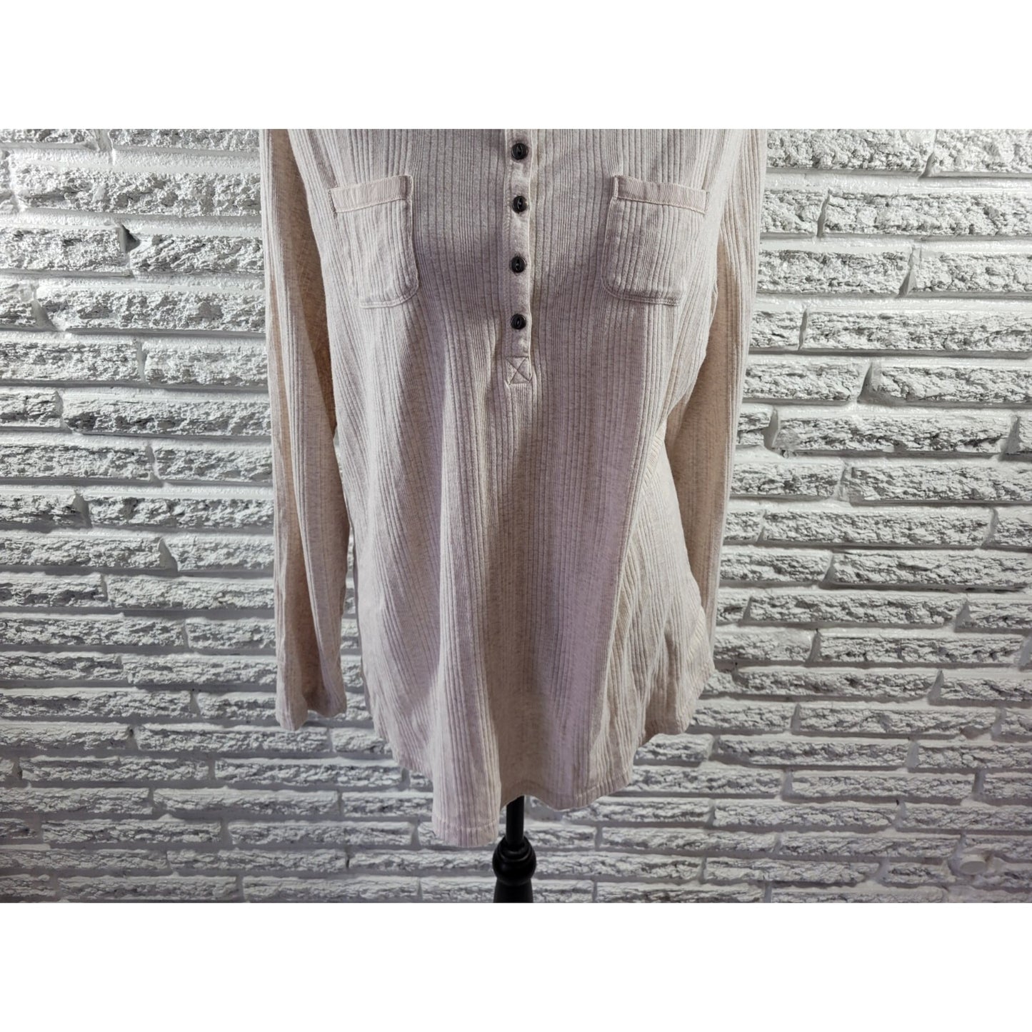 Chaps Womens Top 2X Plus Knit Long Sleeve Pockets Beige Cotton Quarter Button