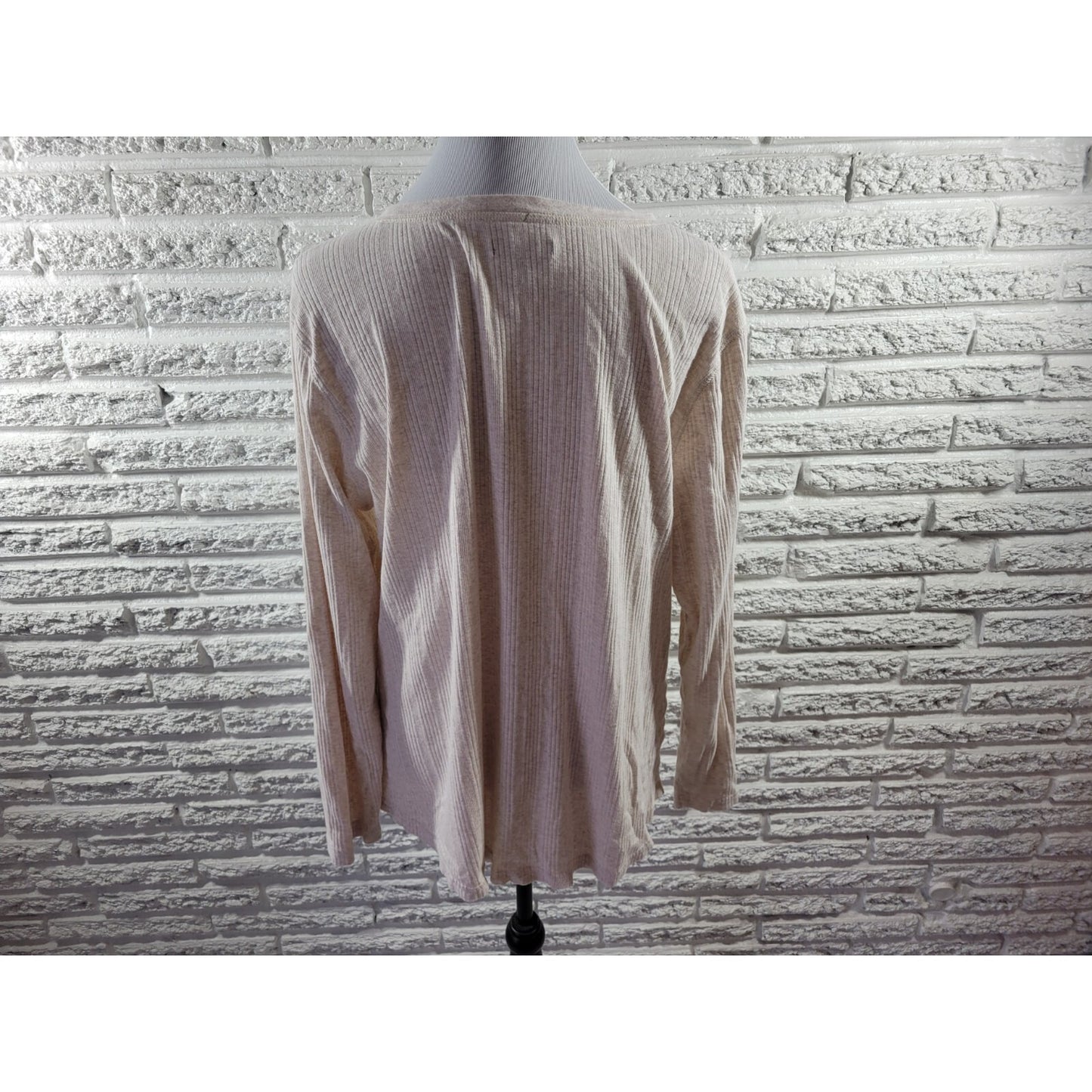 Chaps Womens Top 2X Plus Knit Long Sleeve Pockets Beige Cotton Quarter Button