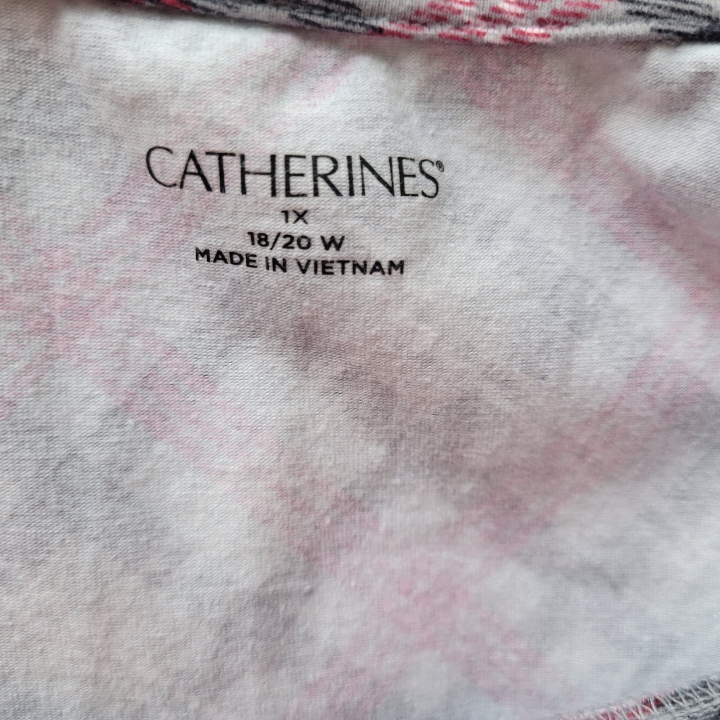 Catherines Womens Top 1X Plus 3/4 Sleeve Gray Red Plaid Cotton Blend Casual