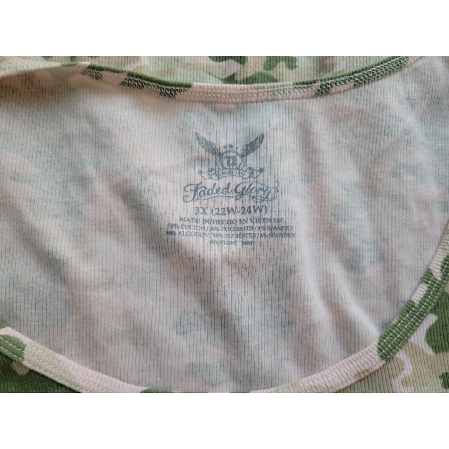 Faded Glory Womens Top 3X Plus Tank Green Camouflage Relaxed Ribbed Stretchy