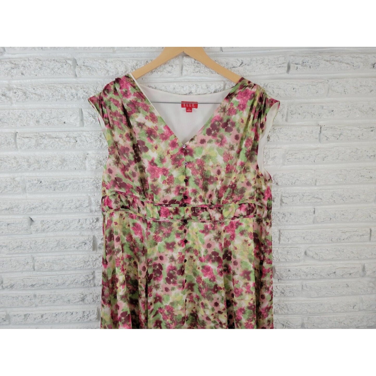 Elle Women Dress 1X Plus Sheath Full Button Lined VNeck Pink Watercolor Office