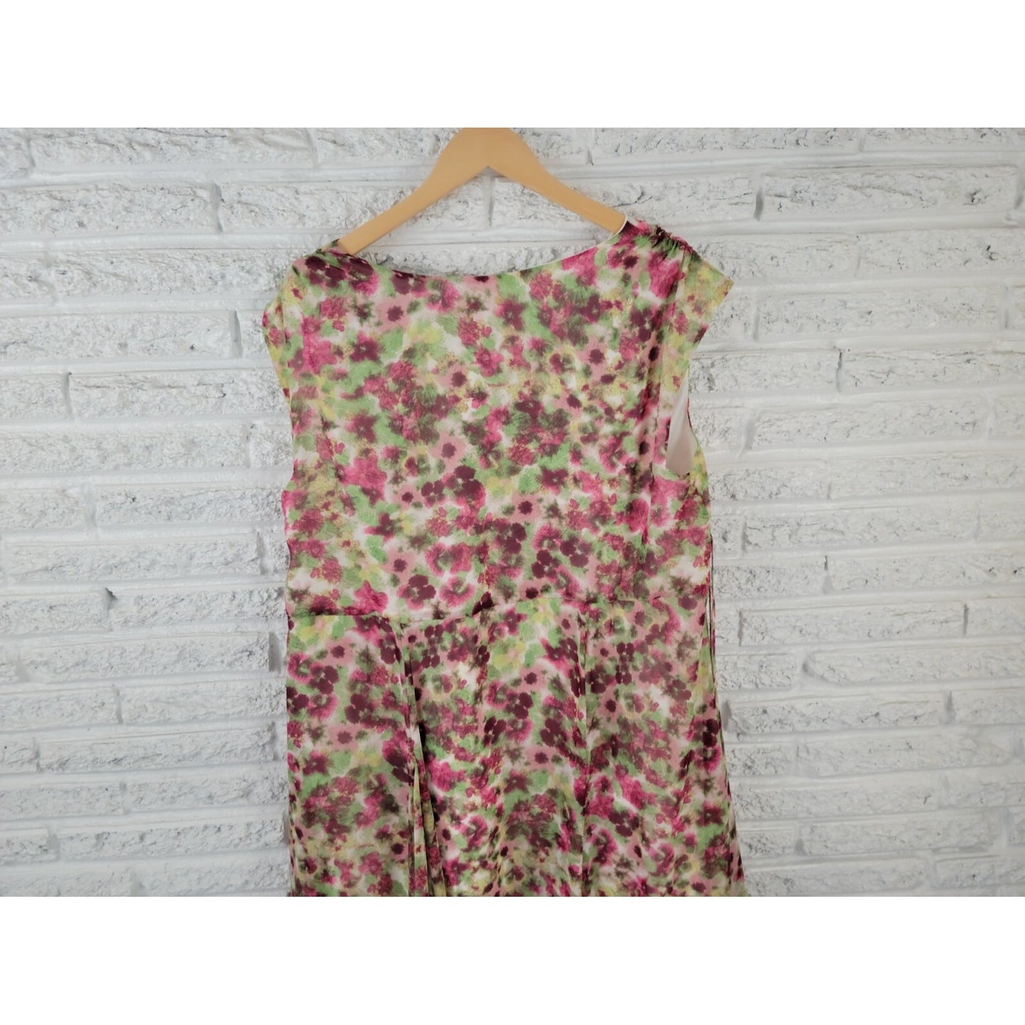 Elle Women Dress 1X Plus Sheath Full Button Lined VNeck Pink Watercolor Office