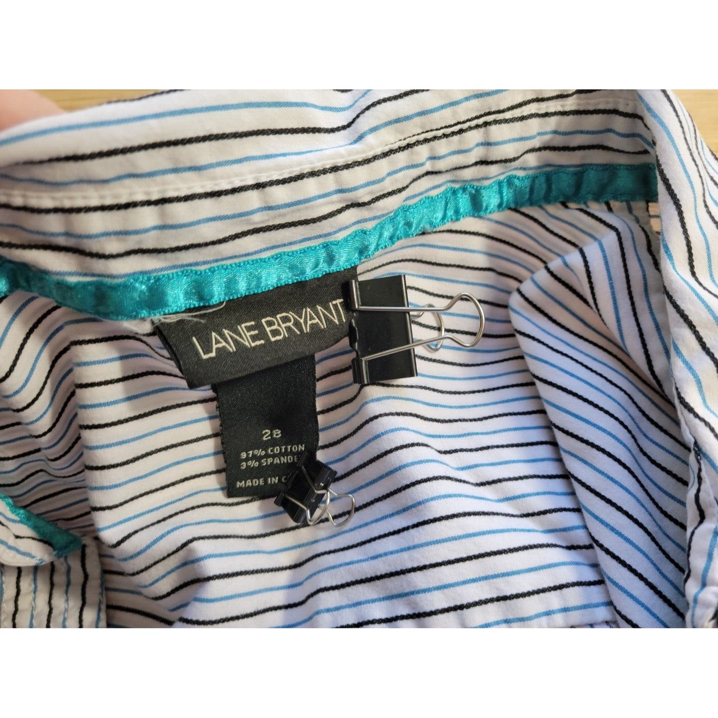 Lane Bryant Womens Shirt 28 Plus Button Up Collar Blue Black Stripe Office Basic