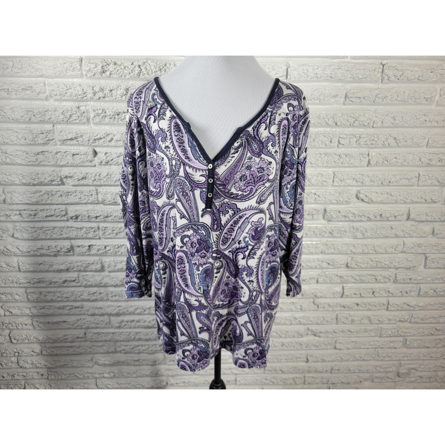 Croft Barrow Womens Top 1X Plus 3/4 Sleeve Lavender Paisley Casual Cotton