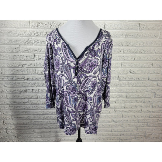 Croft Barrow Womens Top 1X Plus 3/4 Sleeve Lavender Paisley Casual Cotton