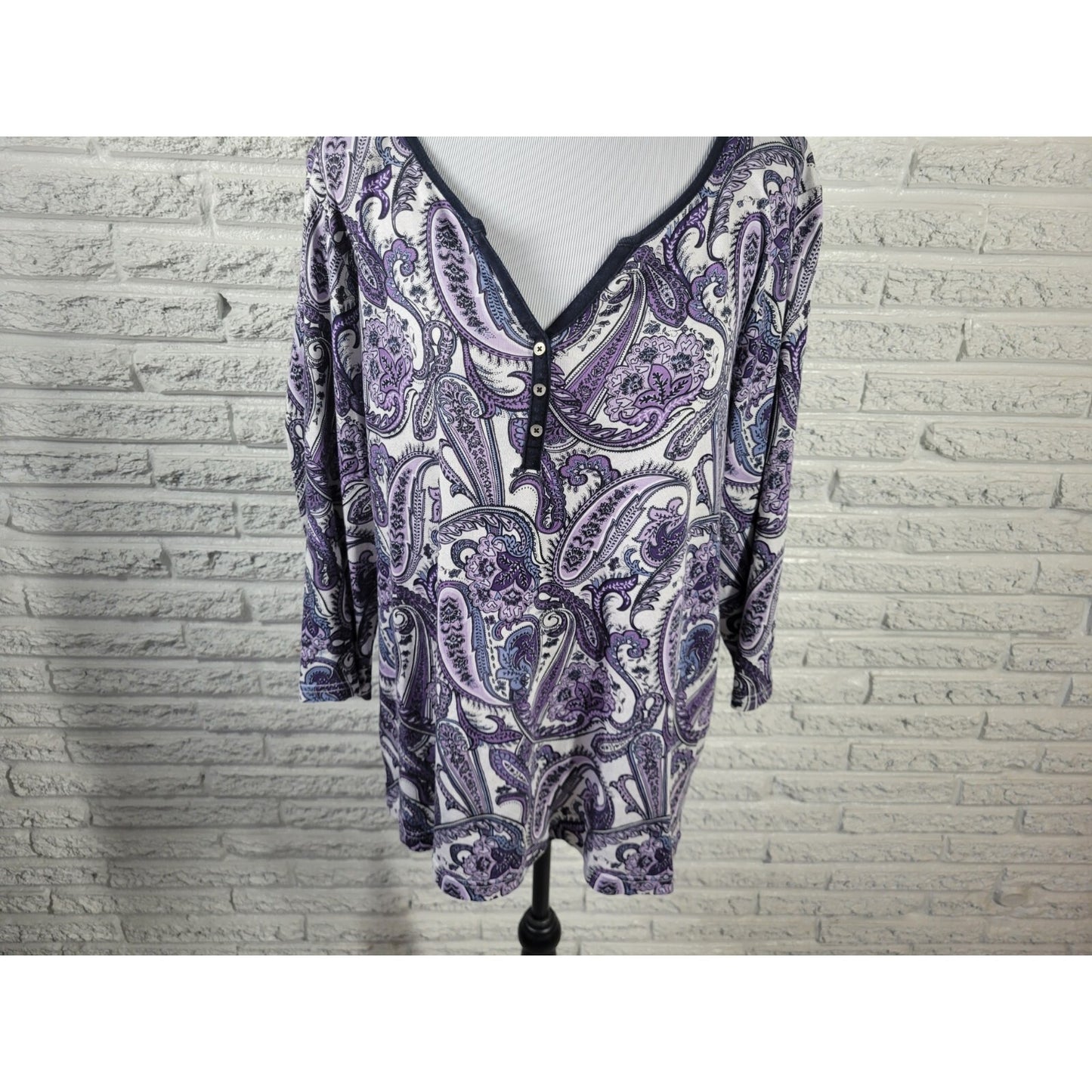 Croft Barrow Womens Top 1X Plus 3/4 Sleeve Lavender Paisley Casual Cotton