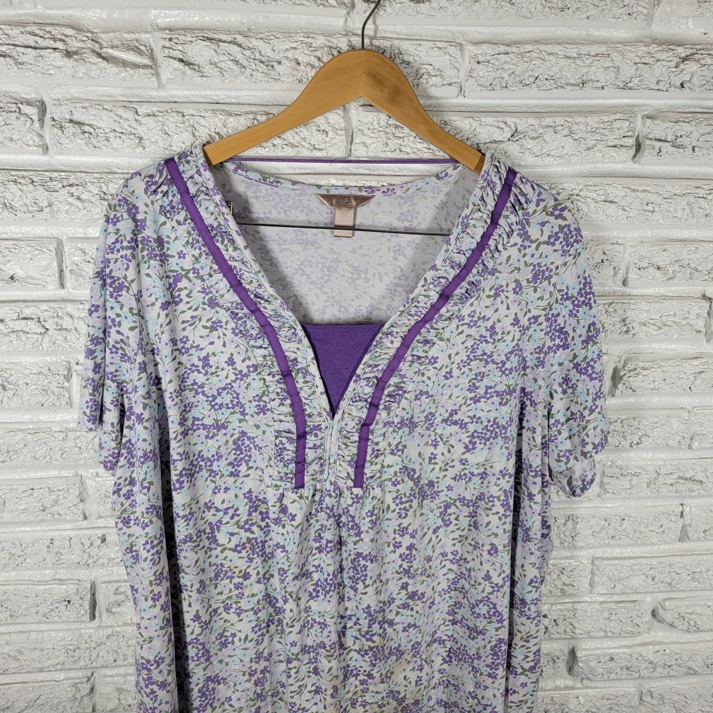 White Stag Womens Top 3X Plus Short Sleeve Purple Floral Pleated Cotton Blend