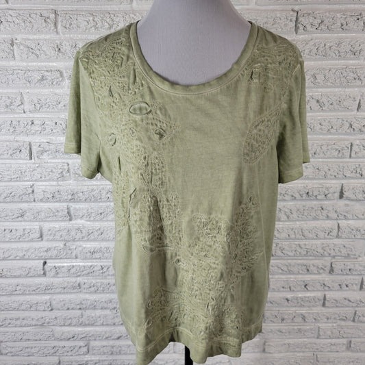 Chicos Womens Top 3 Standard XL Tee Short Sleeve Green Embroidered Comfy Casual