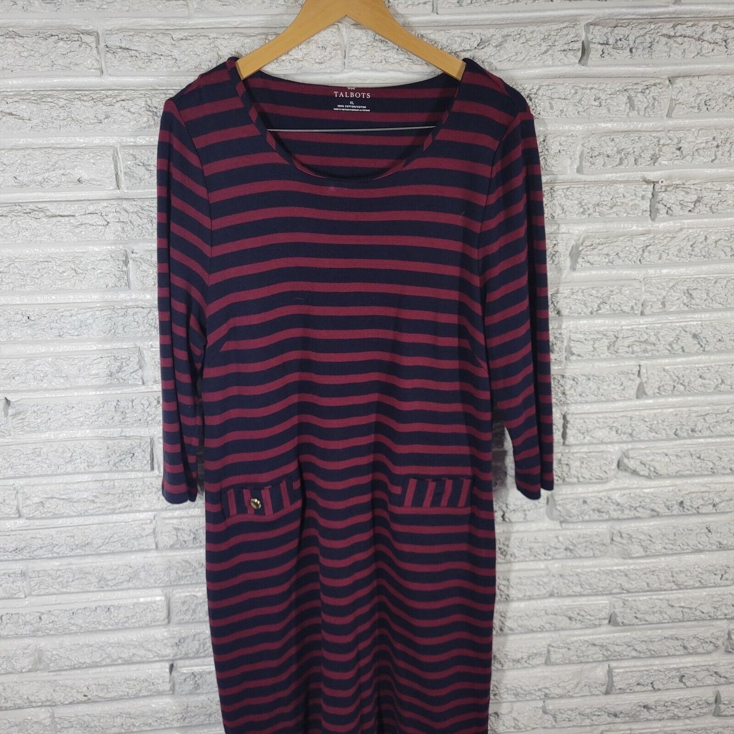 Talbots Womens Dress Extra Large XL Knit 3/4 Sleeve Burgundy Black Stripe Cotton