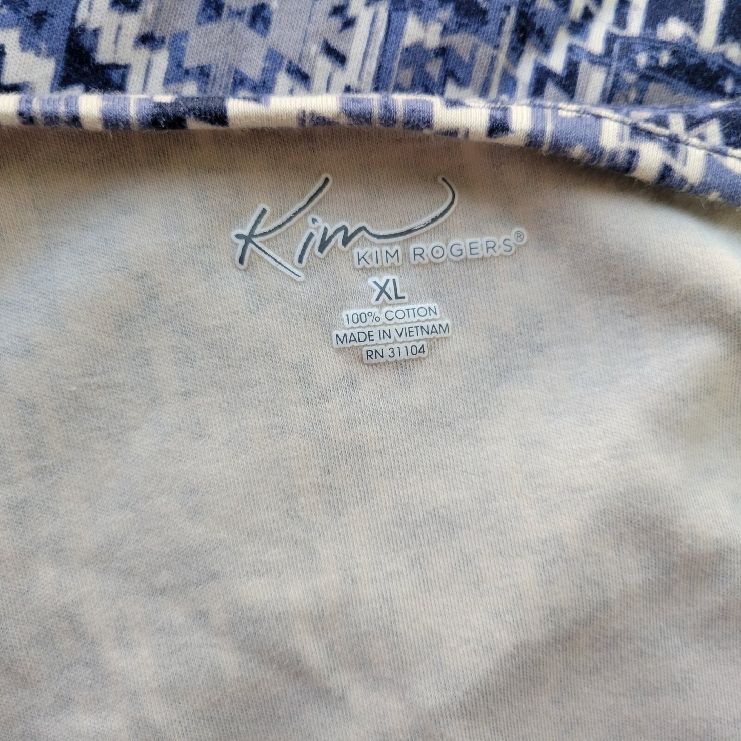 Kim Rogers Top XL Extra Large Blue Gray Geometric 3/4 Sleeve 100% Cotton
