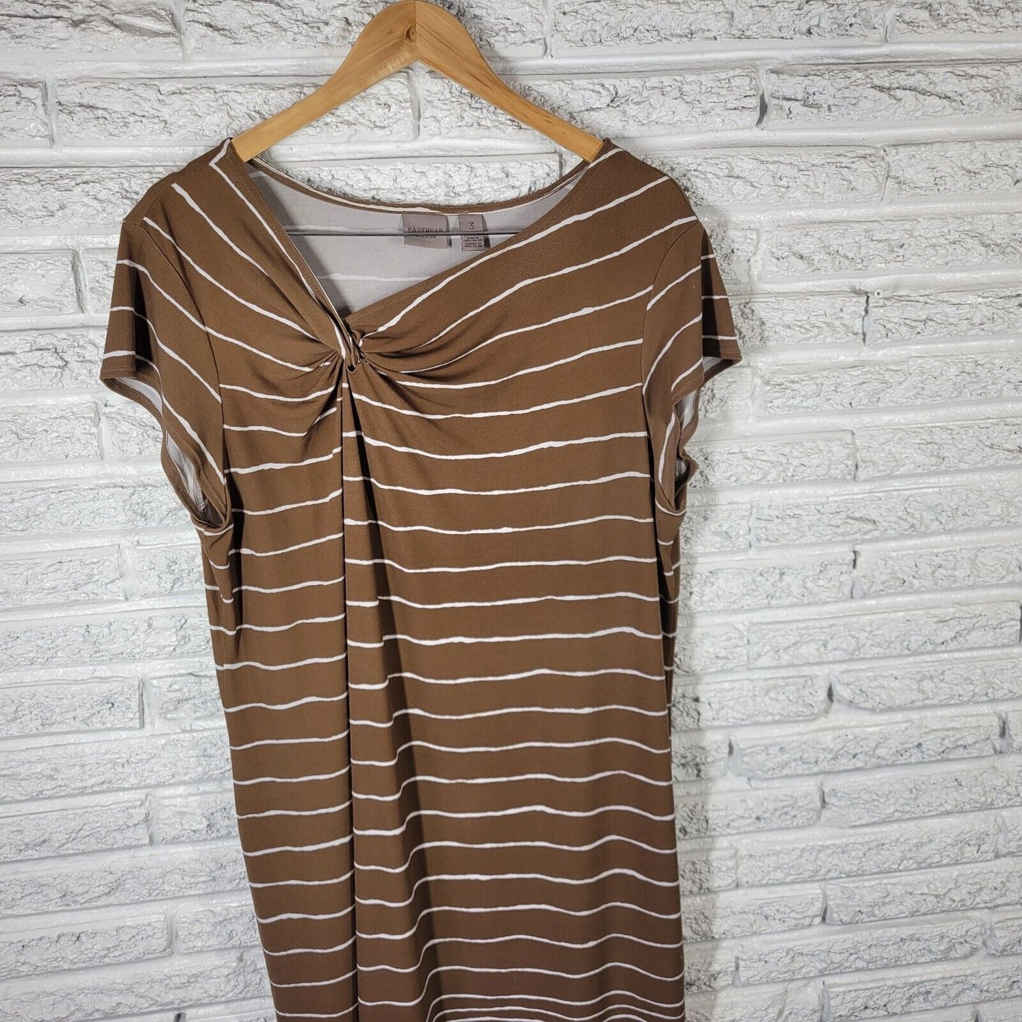 Chicos Easywear Womens Dress 3 Standard XL Cap Sleeve Brown Stripe Knotted Comfy