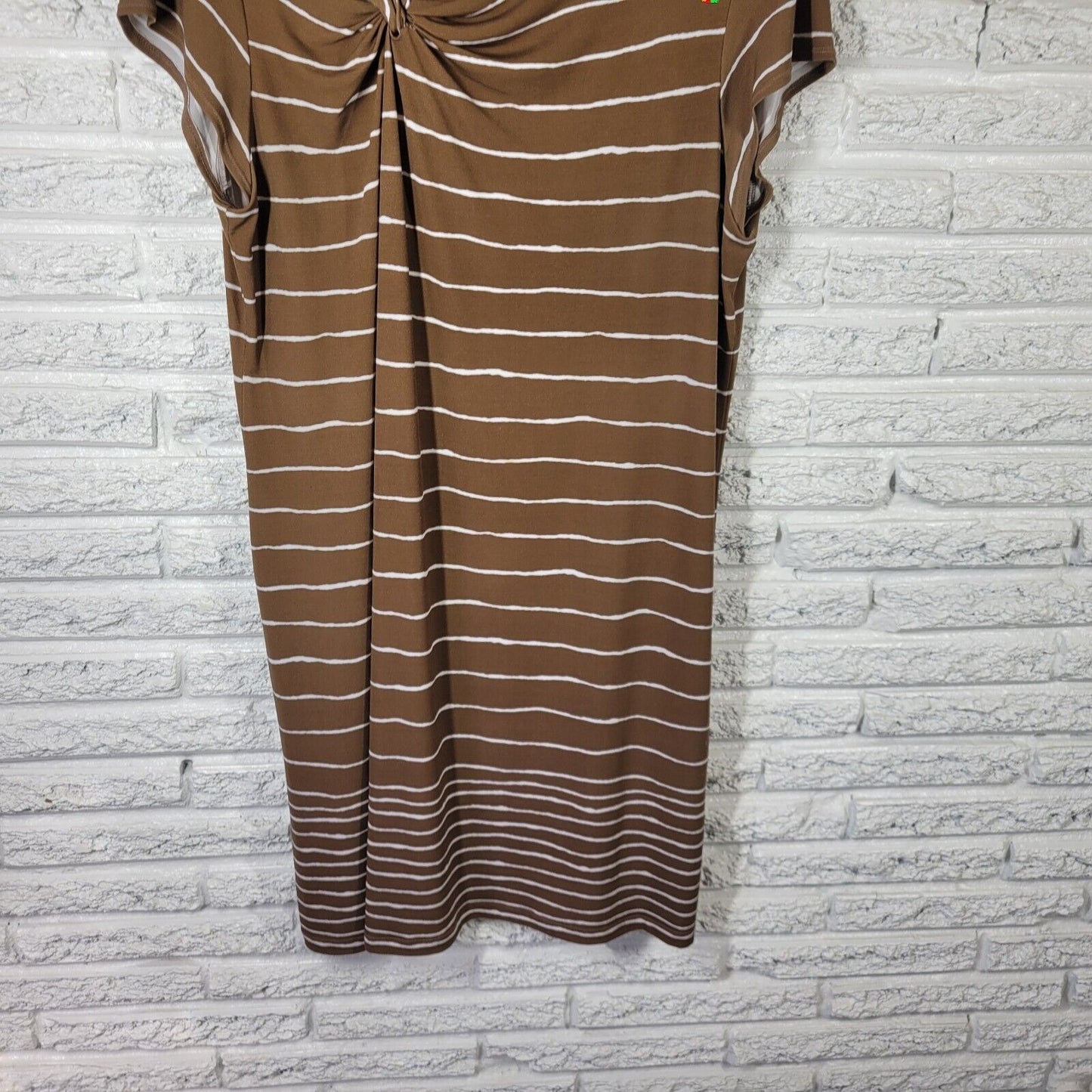Chicos Easywear Womens Dress 3 Standard XL Cap Sleeve Brown Stripe Knotted Comfy