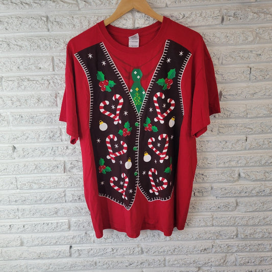 Christmas Womens Top Extra Large Tee Short Sleeve Holiday Red Candy Cane Cotton
