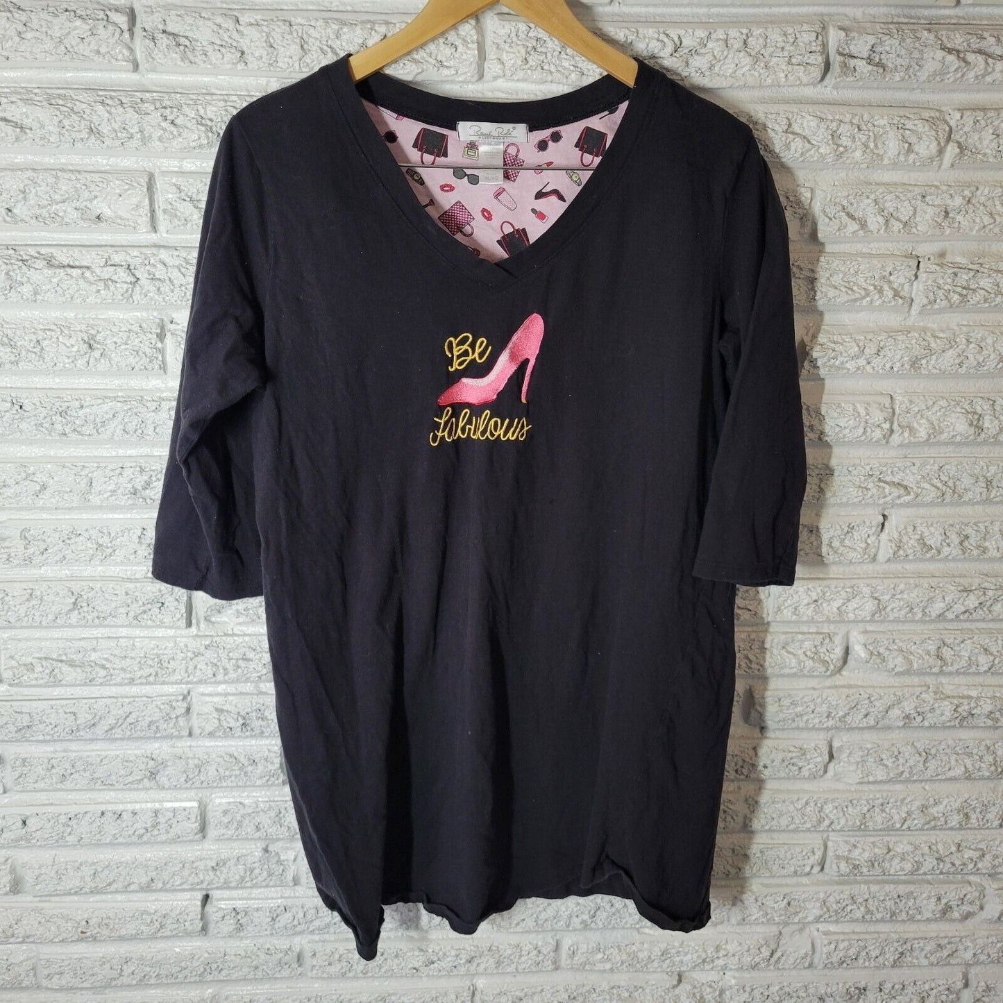 Rene Rofe Womens Pajama Top Extra Large XL Be Fabulous Embroidered Black Cotton