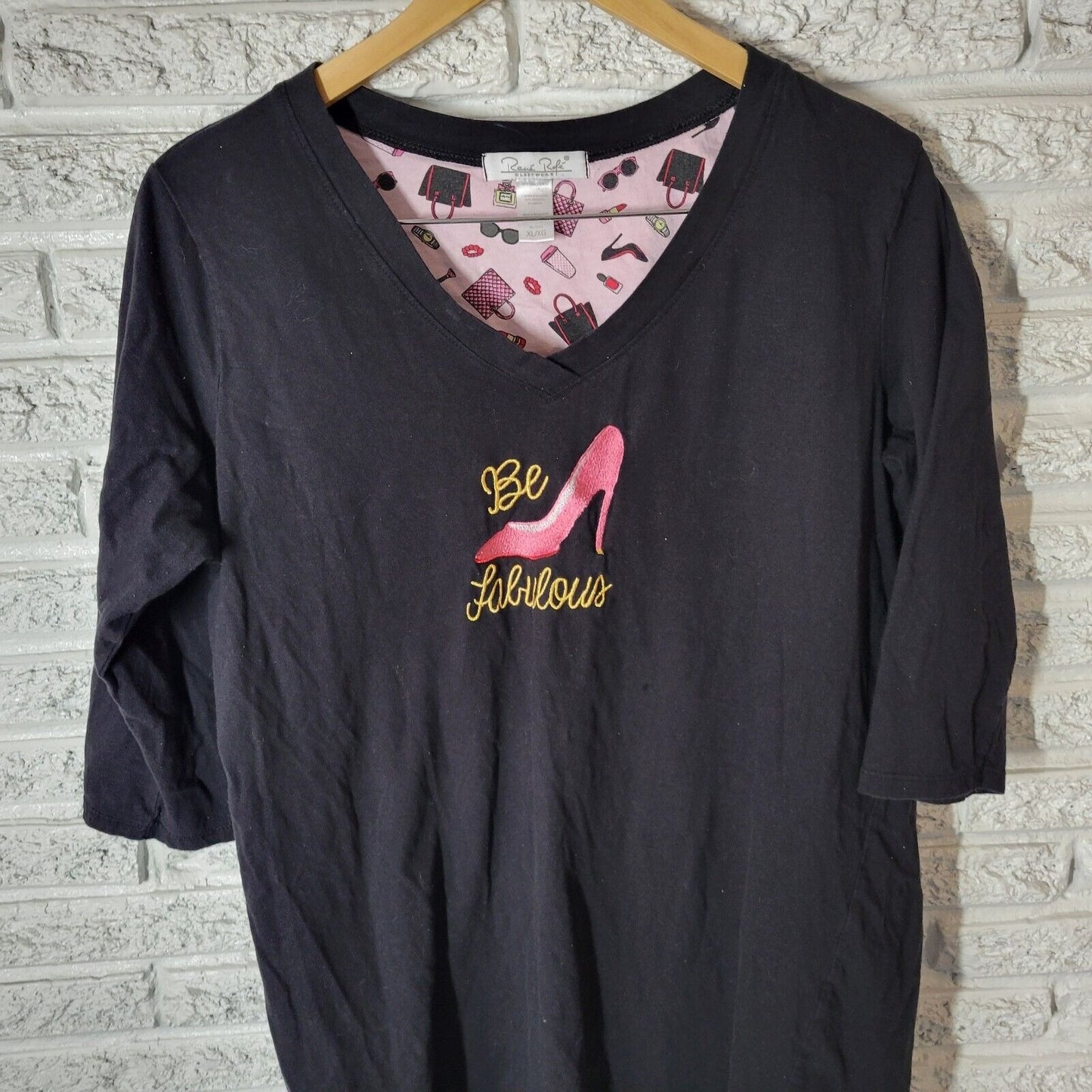 Rene Rofe Womens Pajama Top Extra Large XL Be Fabulous Embroidered Black Cotton