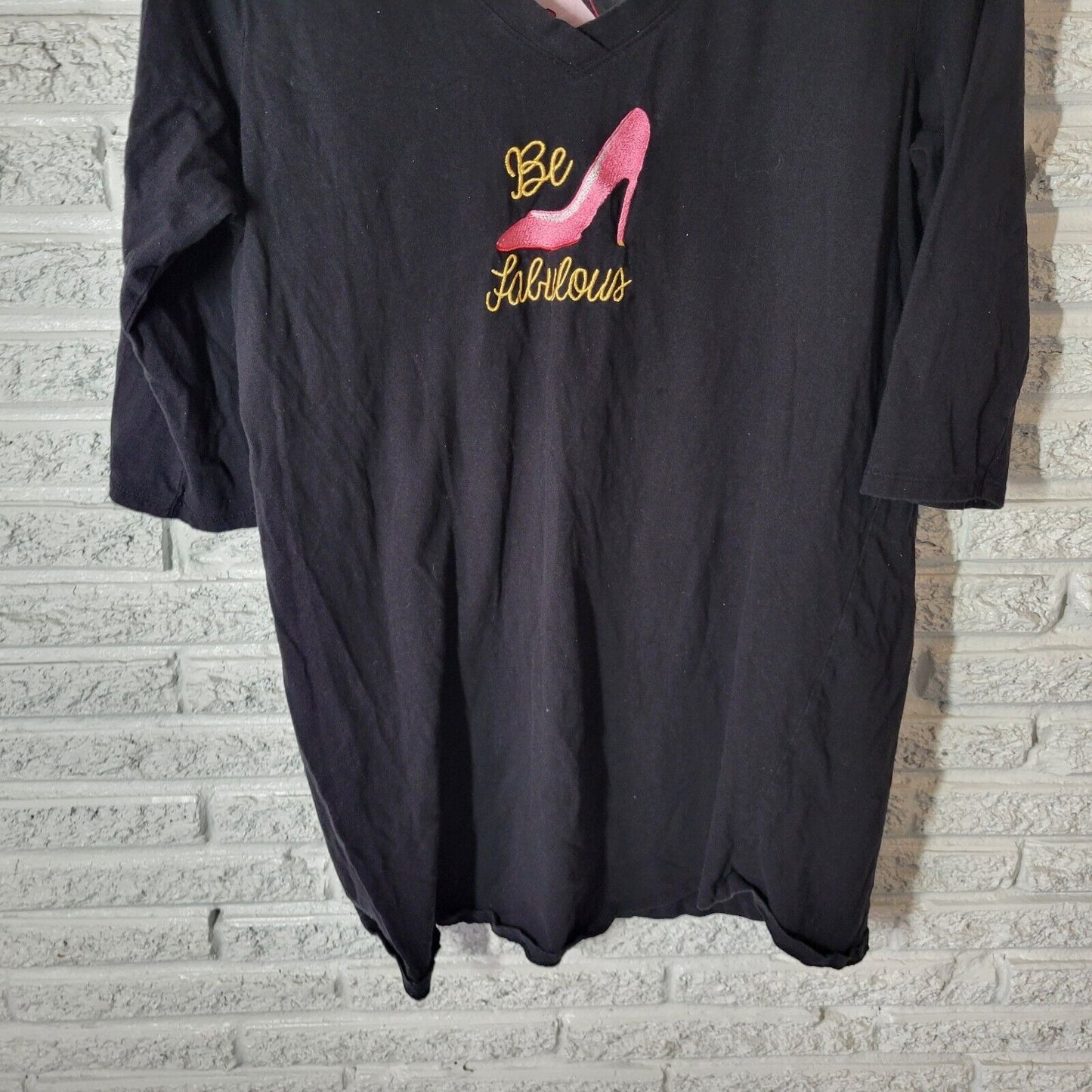 Rene Rofe Womens Pajama Top Extra Large XL Be Fabulous Embroidered Black Cotton