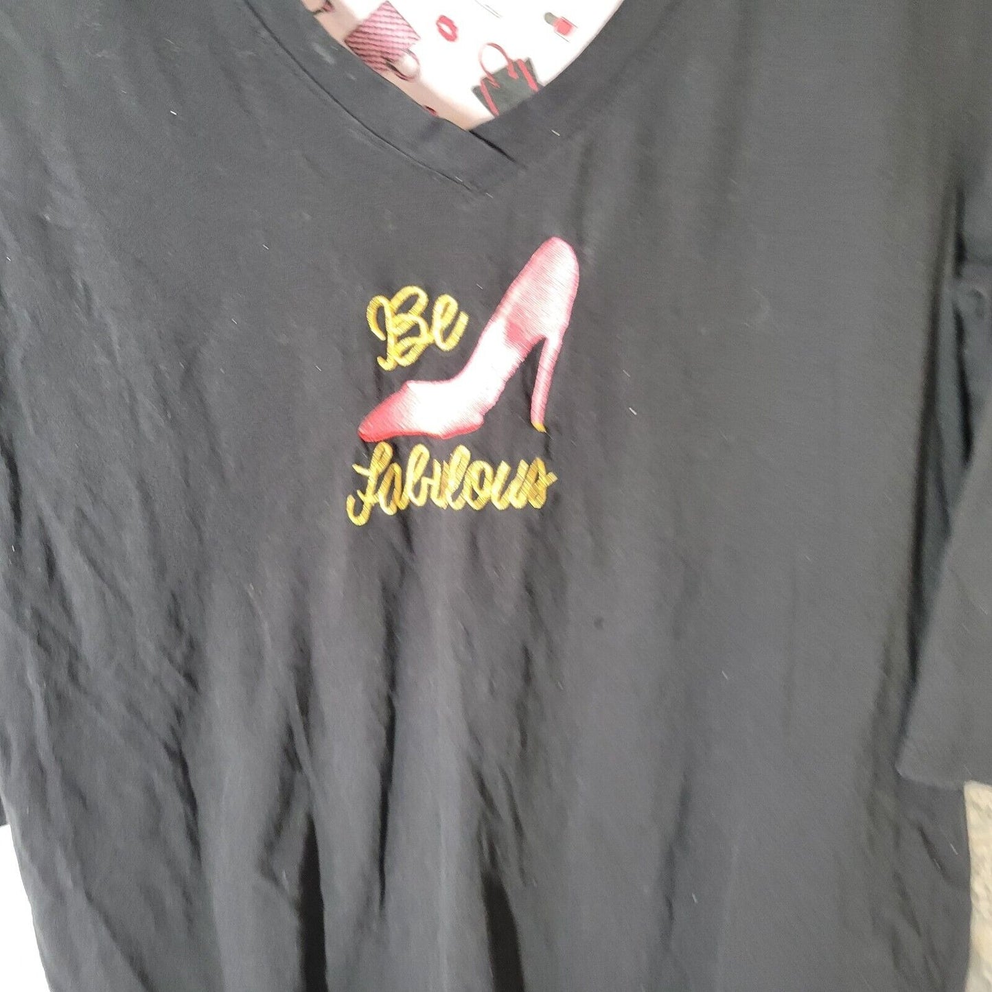 Rene Rofe Womens Pajama Top Extra Large XL Be Fabulous Embroidered Black Cotton
