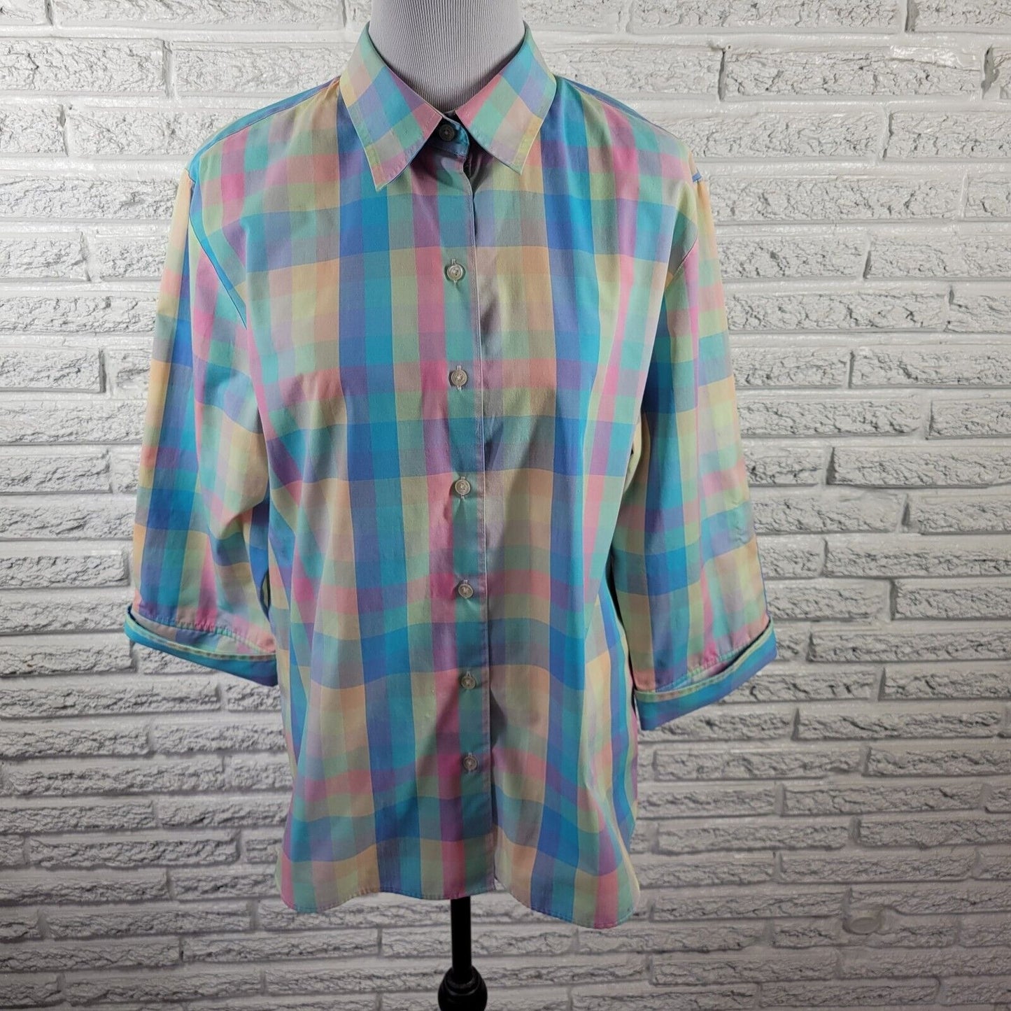 Westbound Womens Top 18 Cuff Sleeve Wrinkle Free Blue Plaid Pastel Lightweight
