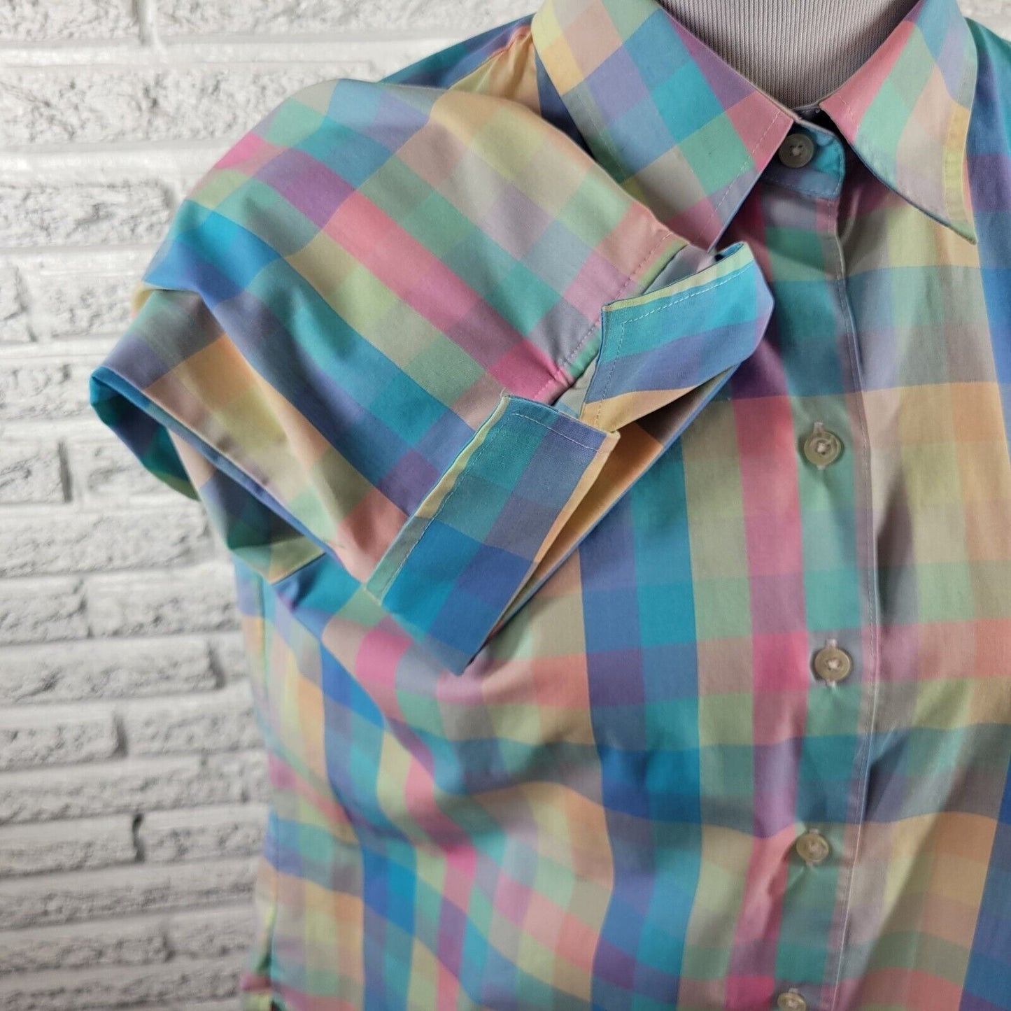 Westbound Womens Top 18 Cuff Sleeve Wrinkle Free Blue Plaid Pastel Lightweight
