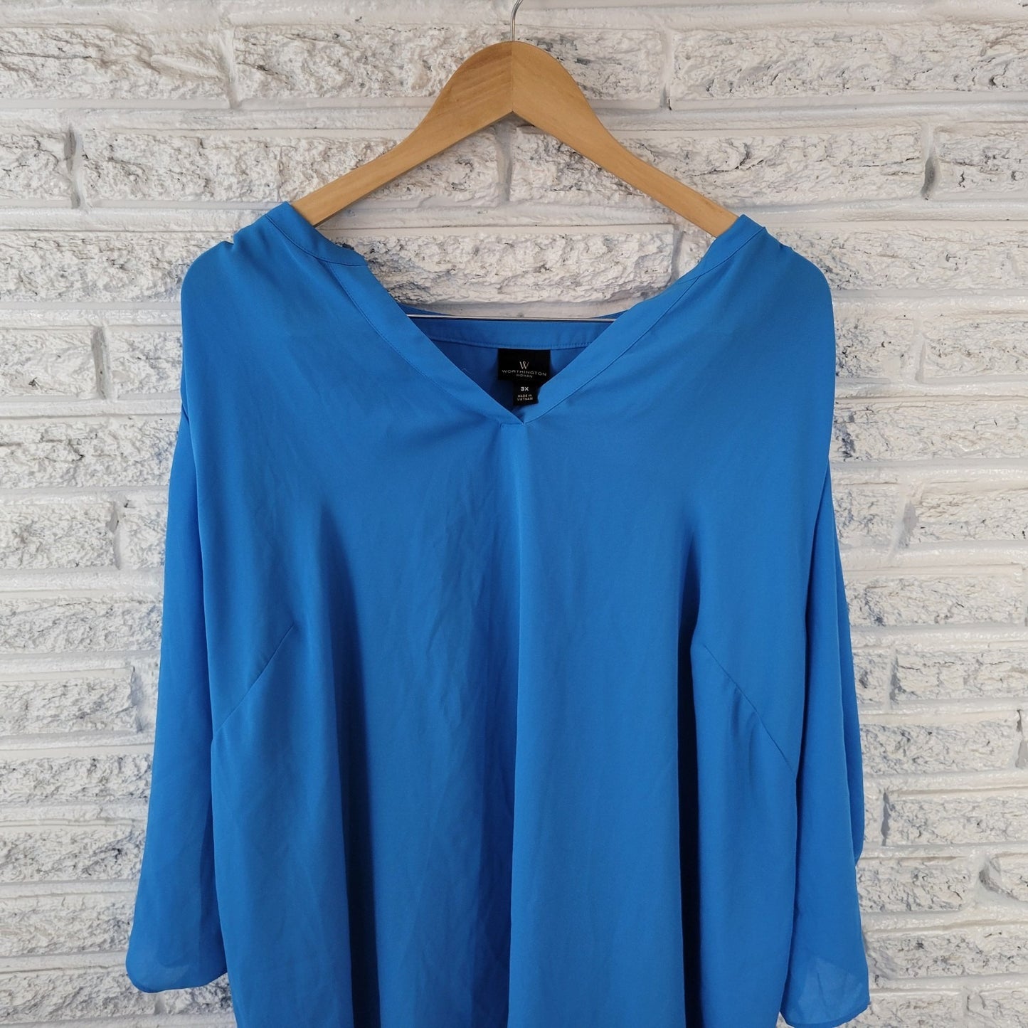 Worthington Womens Top 3X Plus Roll Tab 3/4 Sleeve Blue Lightweight Polyester