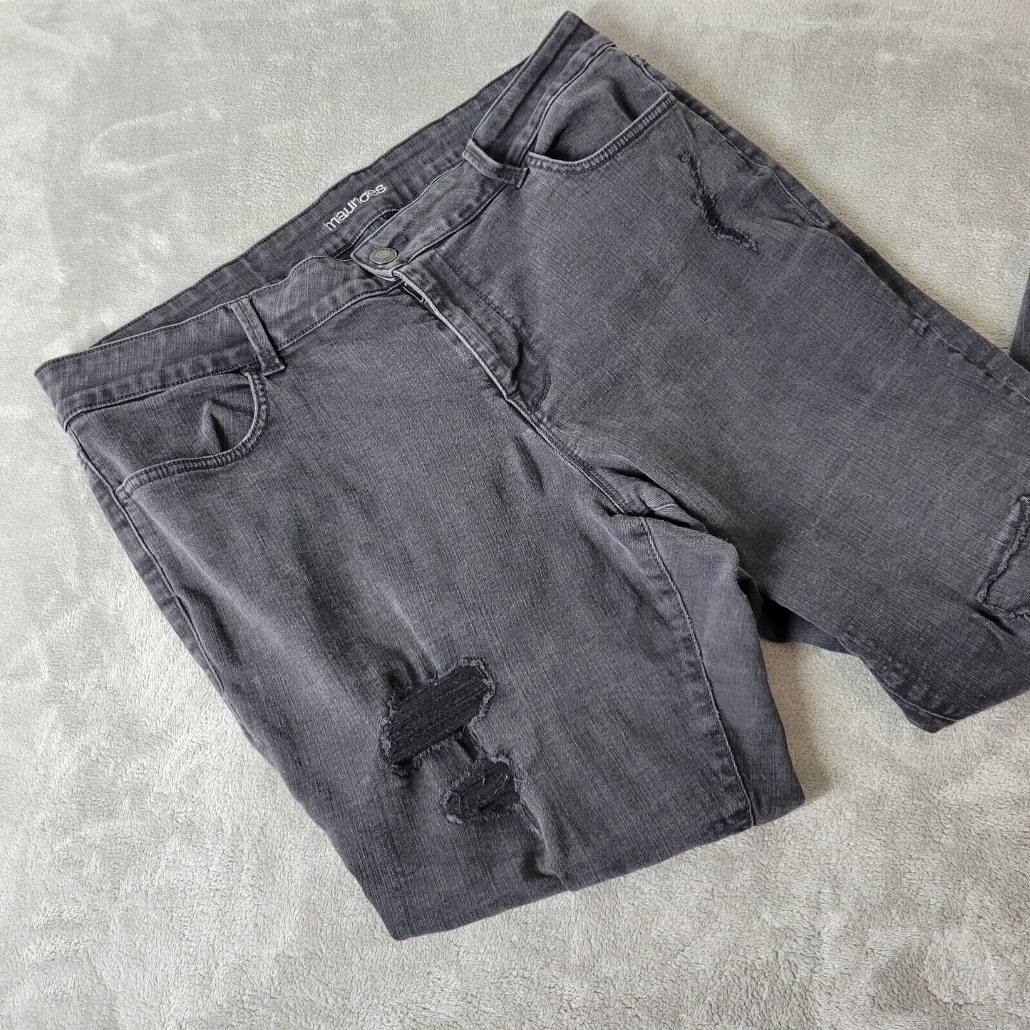 Maurices Women Jeans 22W Plus Cropped Black Denim Distressed Raw Hem Zip Fly