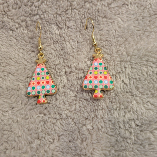 Christmas Trees #7 Womens Earrings One Pair Ornaments Hanging Gold Tone Holiday