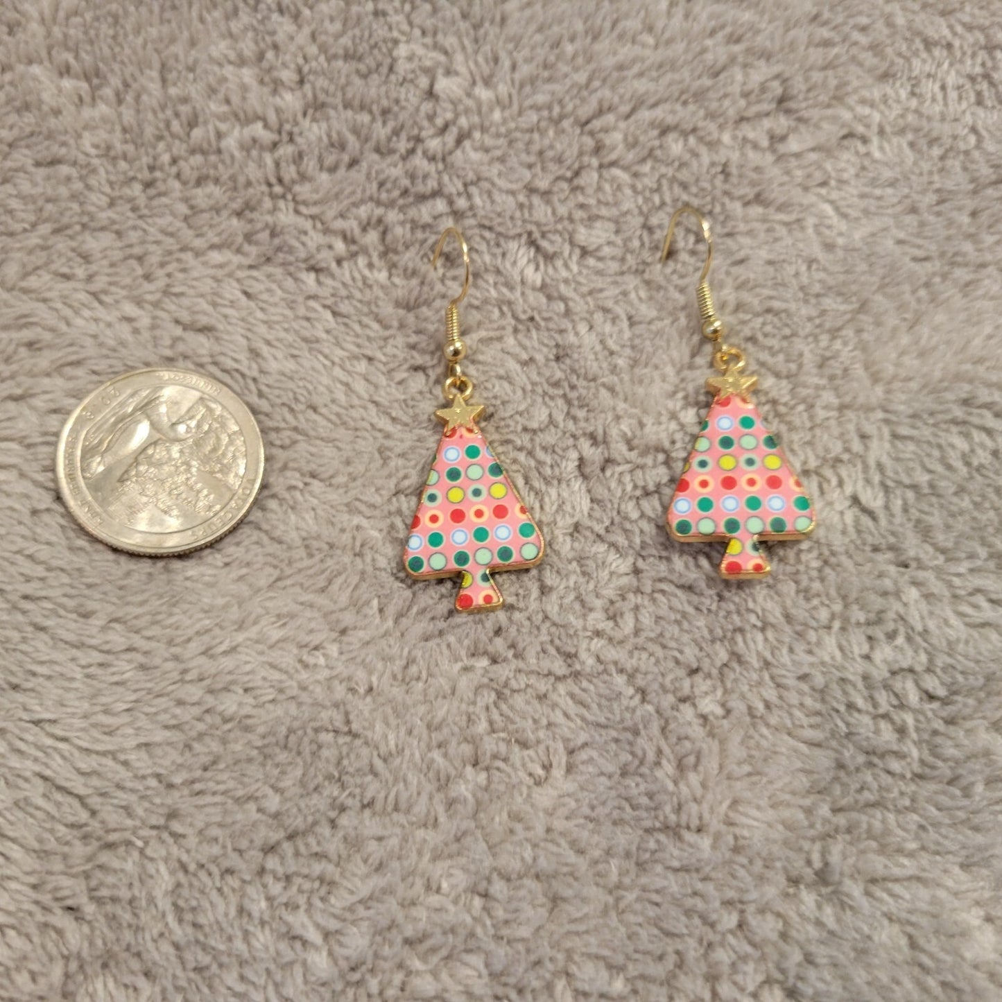 Christmas Trees #7 Womens Earrings One Pair Ornaments Hanging Gold Tone Holiday