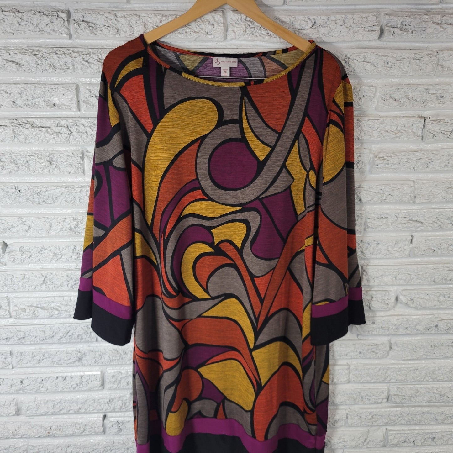 Dress Barn Women Dress 2X Plus Mini 3/4 Sleeve Orange Gold Geometric Poly Blend