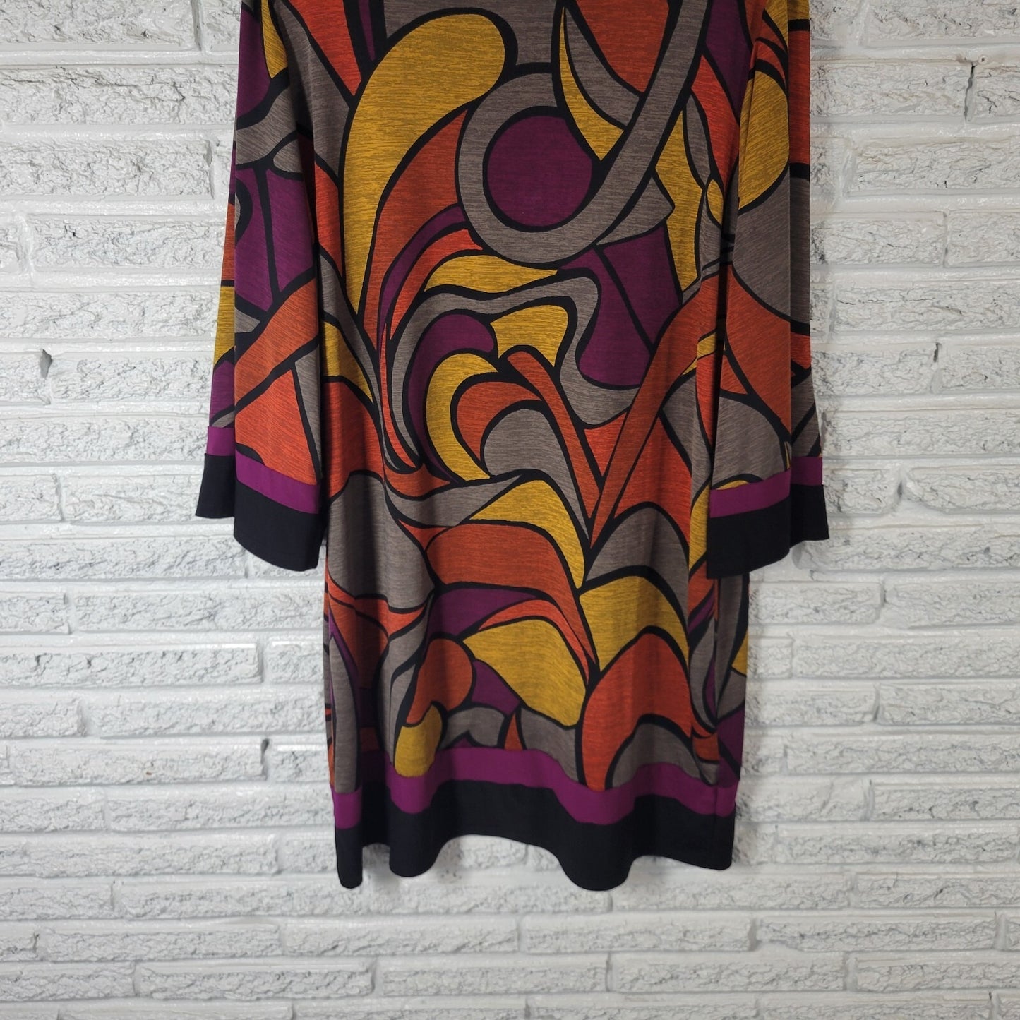 Dress Barn Women Dress 2X Plus Mini 3/4 Sleeve Orange Gold Geometric Poly Blend