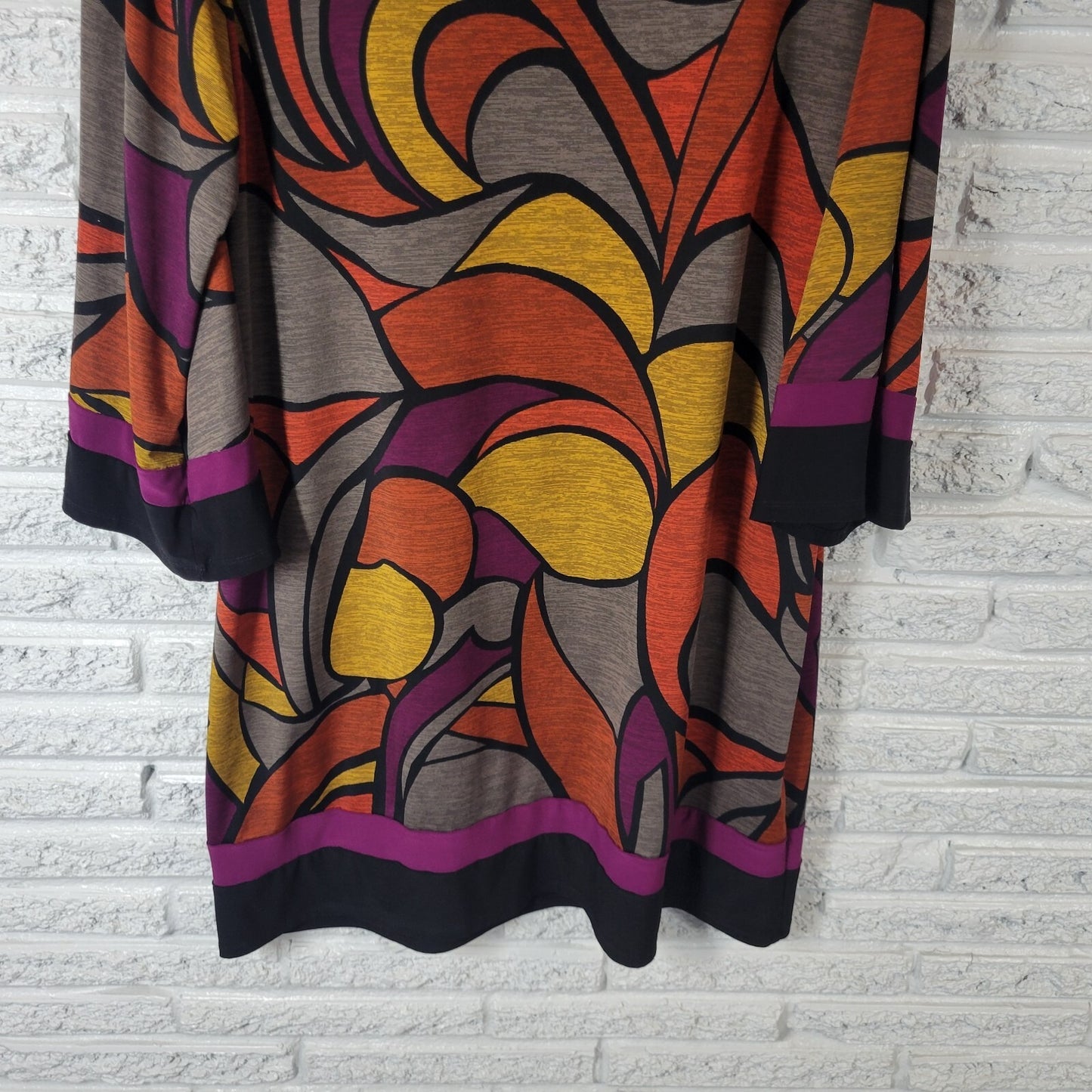 Dress Barn Women Dress 2X Plus Mini 3/4 Sleeve Orange Gold Geometric Poly Blend