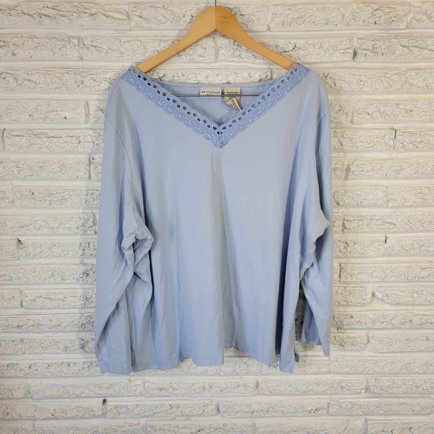 White Stag Womens Top 4X 26W 28W Plus Long Sleeve Blue Cotton Lace Trim Casual