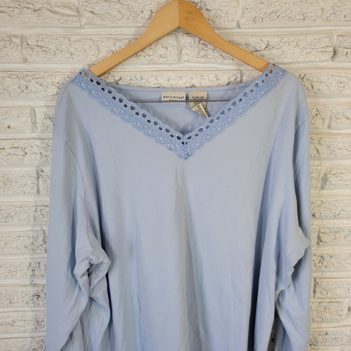 White Stag Womens Top 4X 26W 28W Plus Long Sleeve Blue Cotton Lace Trim Casual