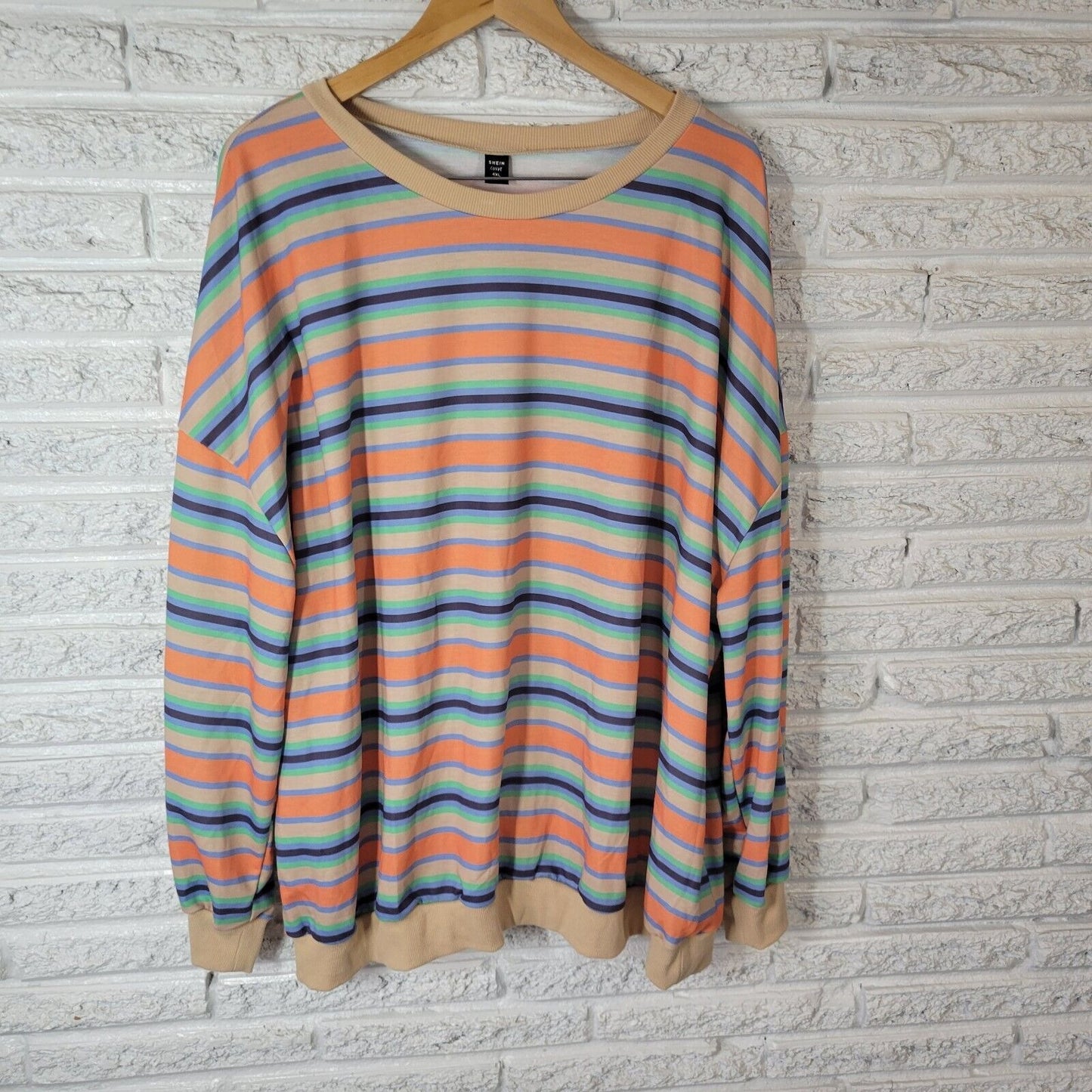 Shein Curve Womens Top 4XL Plus Tee Long Sleeve Orange Blue Stripe Poly Blend