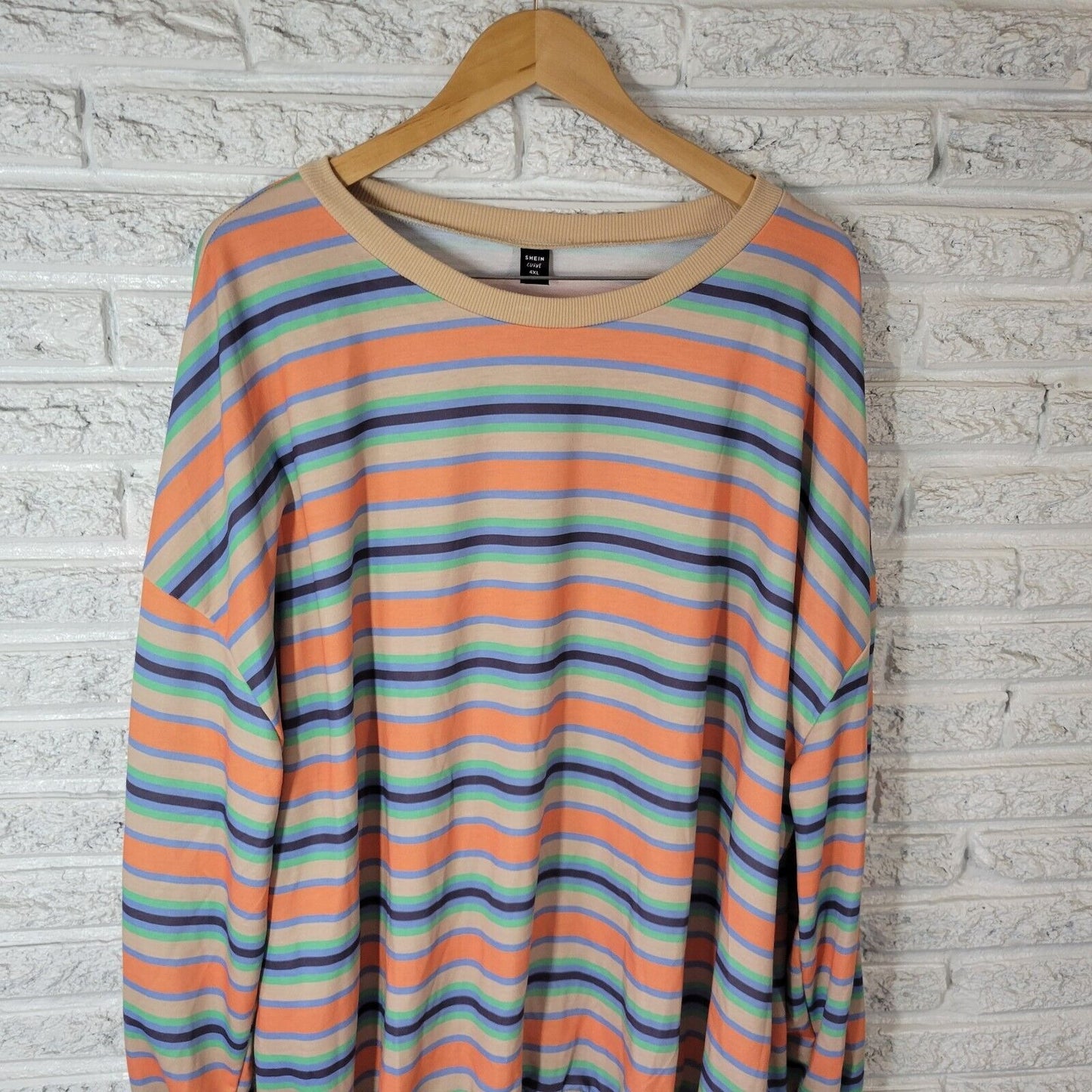 Shein Curve Womens Top 4XL Plus Tee Long Sleeve Orange Blue Stripe Poly Blend