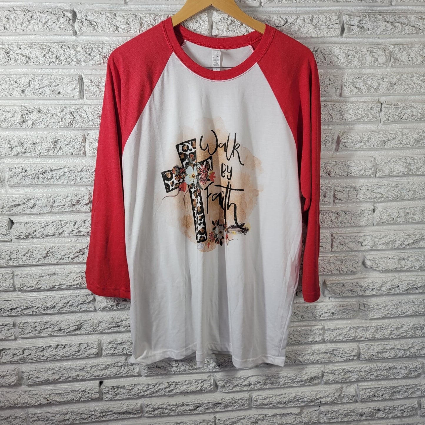Next Level Unisex Shirt XL Raglan Sleeve Walk By Faith Christian Cross Red Casua