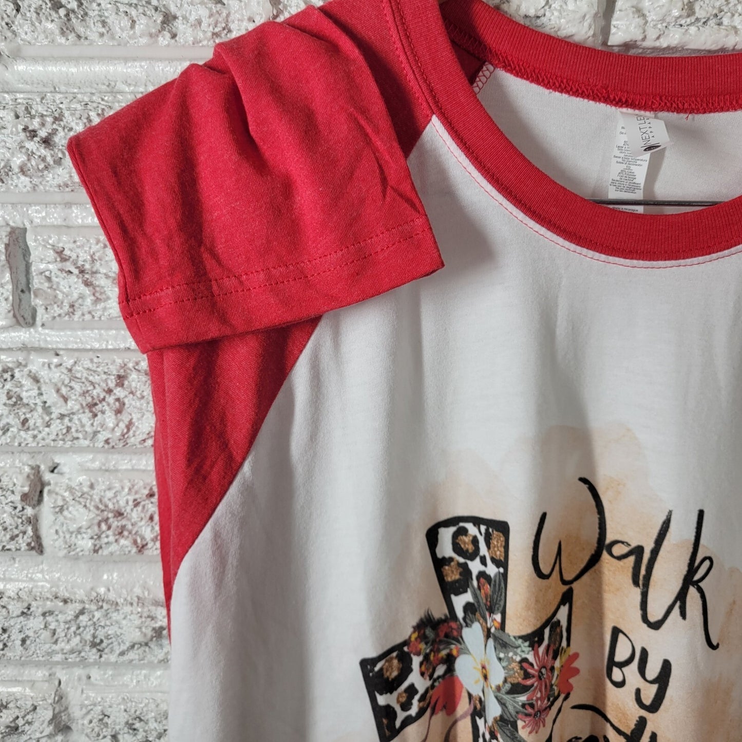 Next Level Unisex Shirt XL Raglan Sleeve Walk By Faith Christian Cross Red Casua